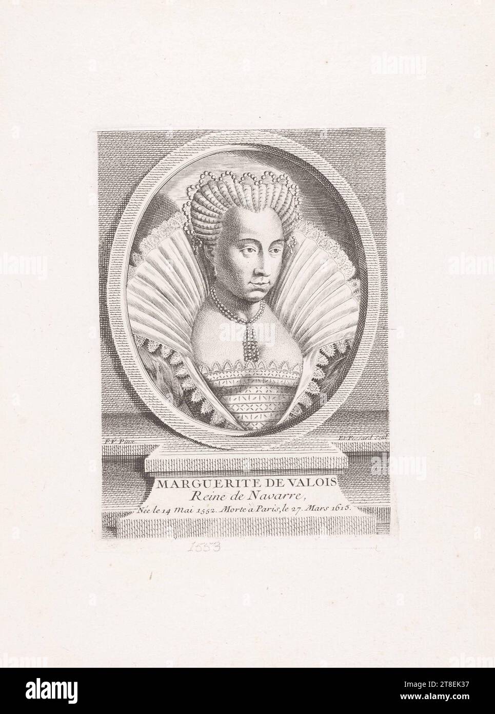 F.V. Pinx. Und. Fessard Scul. MARGUERITE DE VALOIS Königin von Navarra, geboren am 14. Mai 1552. Er starb in Paris, die 27. März 1615 Stockfoto