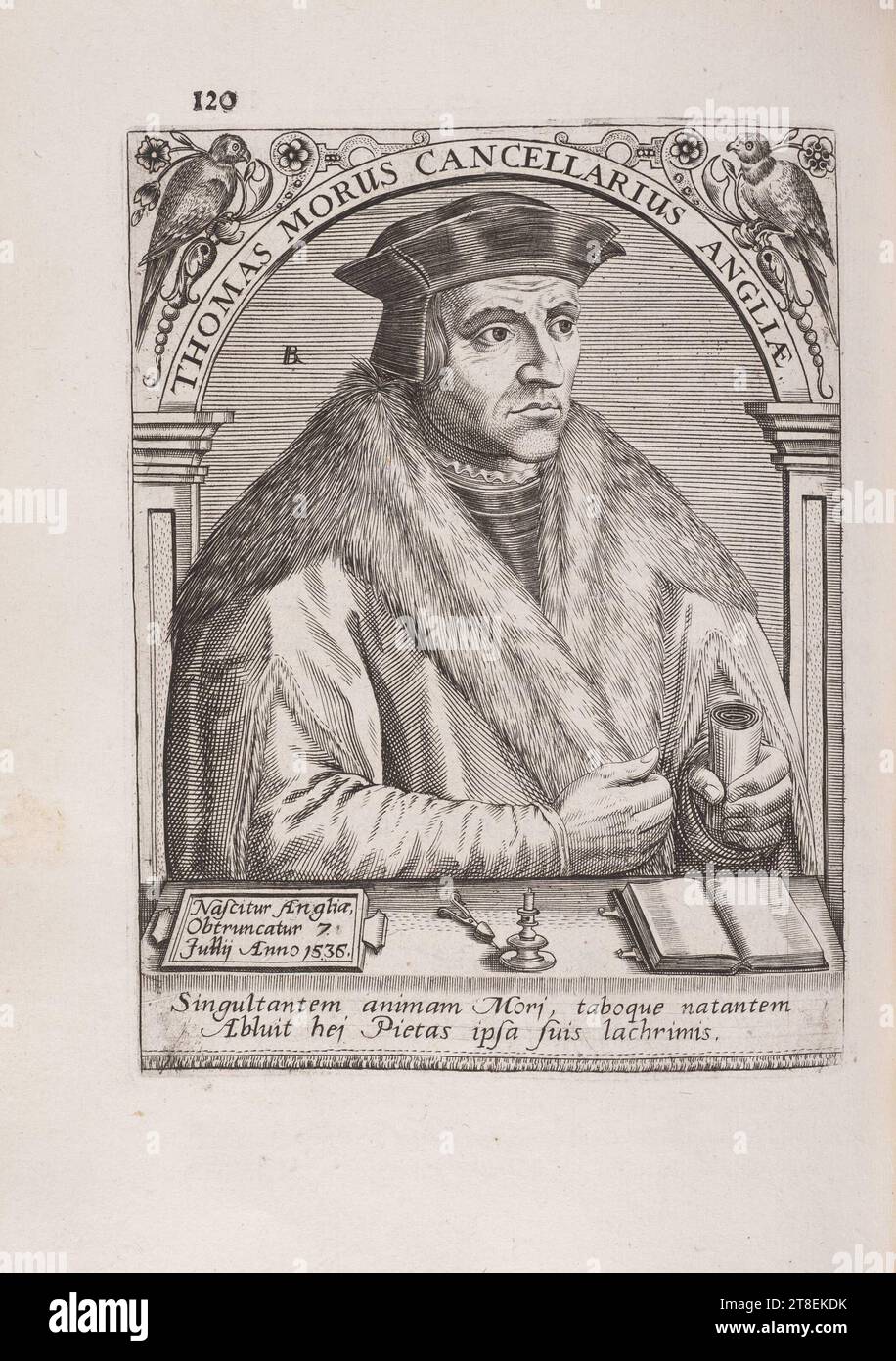 THOMAS MORUS CANCELLARIUS ANGLIÆ. BR-Monogramm. Nascitur Angliæ Obtruncatur 7. Jullij Anno 1536. Singultantem animam Mori, taboque natantem Abluit hej Pietas ipsa suis lachrimis Stockfoto