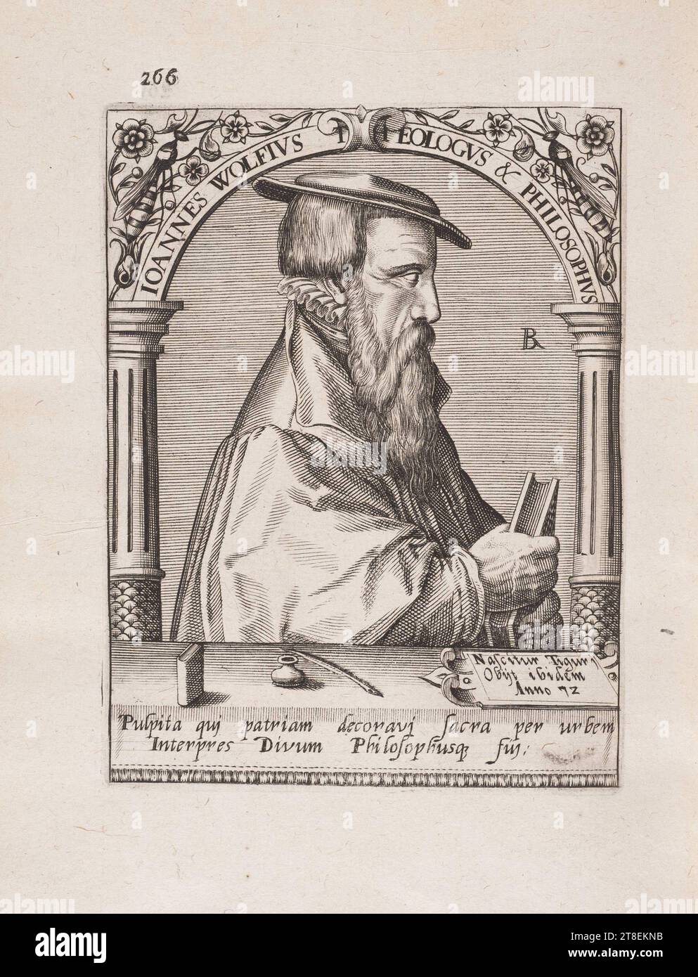 IOANNES WOLFIVS THEOLOGVS & PHILOSOPHVS. BR-Monogramm. Nascitur Tiguri Obijt. Pulpita quj patriam decoravj sacra per urbem Interpres Divum Philosophusq, suj Stockfoto