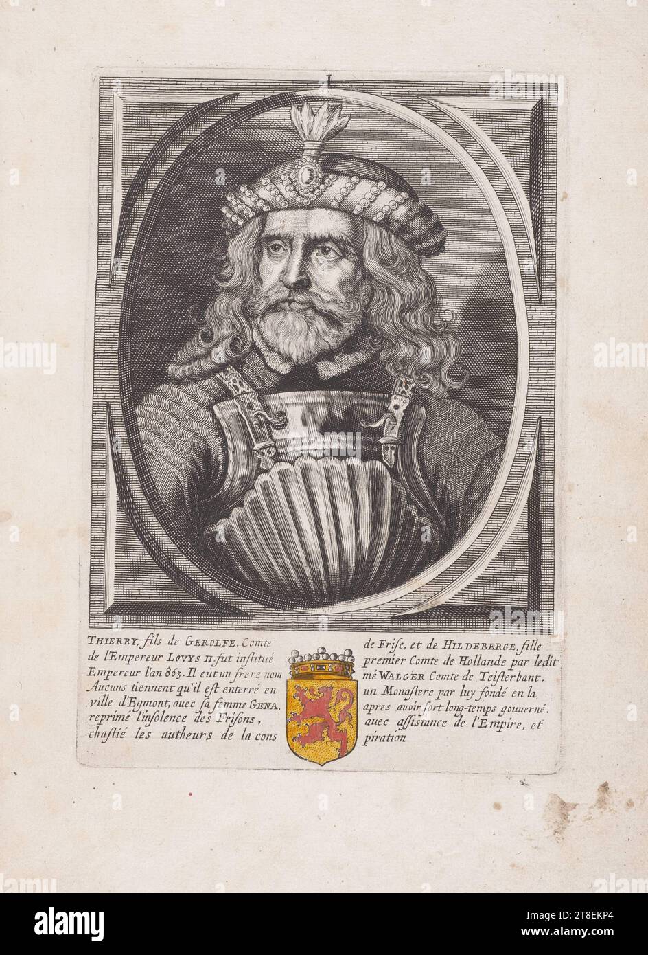 I. THIERRY, Sohn von GERLOFE. Graf von Friesland und von HILDEBERGE, Tochter des Kaisers LOUYS II Der erste Graf von Holland wurde 863 vom vorgenannten Kaiser ernannt. Er hatte einen Bruder namens WALGER Graf von Teisterbant. Einige behaupten, er sei in einem von ihm gegründeten Kloster in Egmint mit seiner Frau GENA begraben, nachdem er lange Zeit die Unverschämtheit der Friesen mit Hilfe des Reiches unterdrückt und die Atheisten der Verschwörung verfolgt hatte Stockfoto