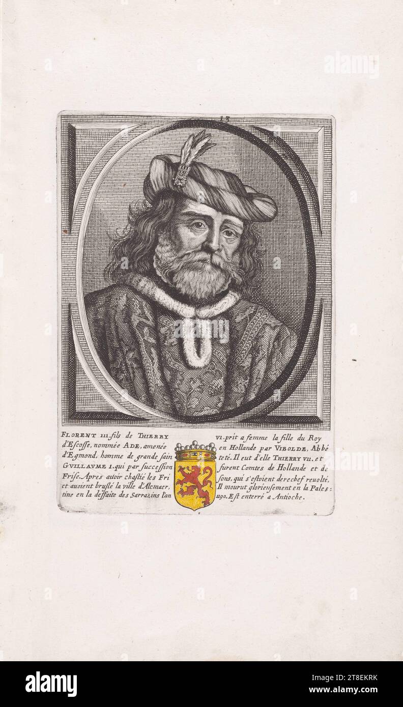 13. FLORENT 111. Sohn von THIERRY V1. Nahm zur Frau die Tochter des Königs von Schottland, genannt ADE, gebracht nach Holland von VIBOLDE, Abt von Egmond, einem Mann von großer Gesundheit. Er hatte von ihrem THIERRY V11. Und GVILLAVME 1. Die Nachfolge waren Grafen von Holland und Friesland. Nachdem er die erneut rebellierenden Söhne der FRS verjagt und die Stadt Alcmaer niedergebrannt hatte, starb er im Jahr 1190 glorreich in Pales= Tine. Er ist in Antiochia begraben Stockfoto