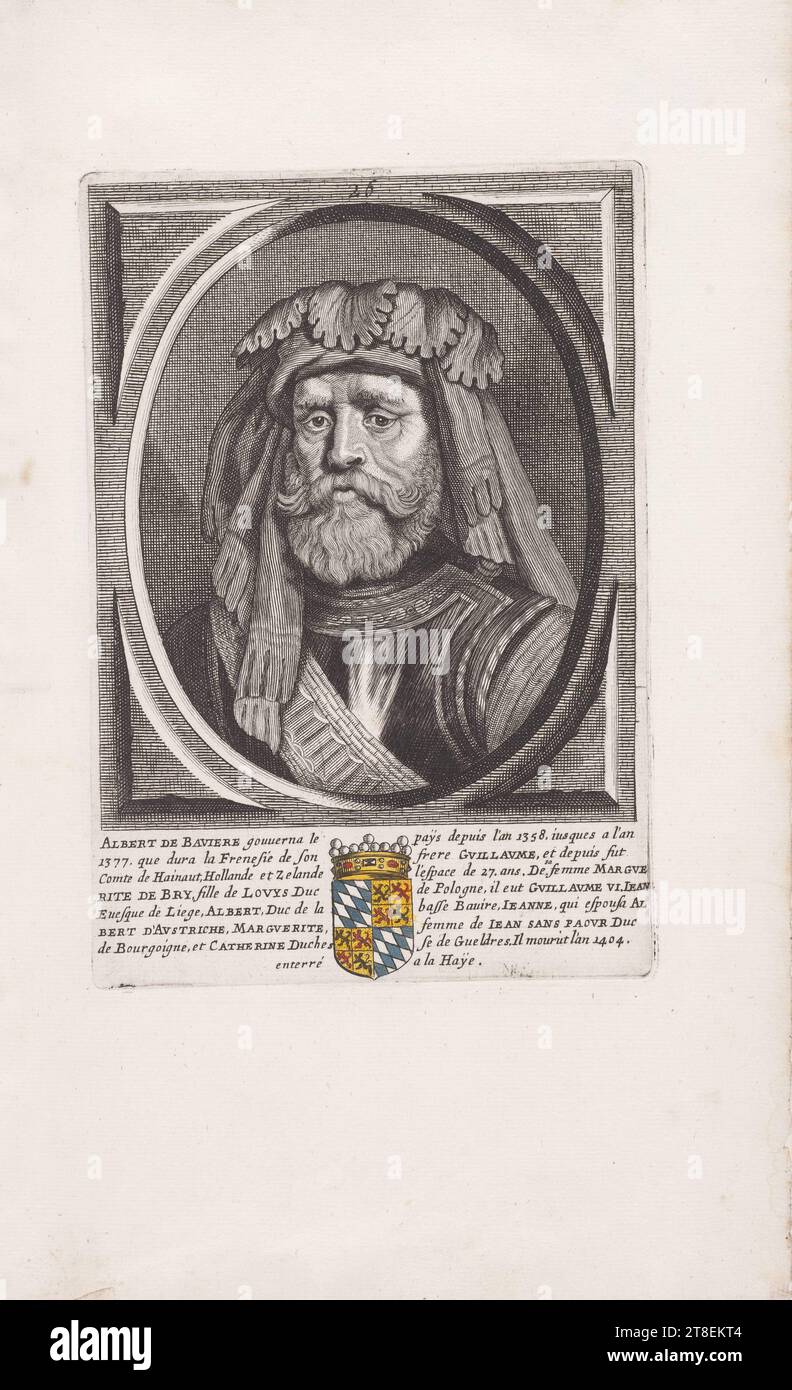 26. ALBERT DE BAVIERE regierte das Land ab dem Jahr 1358. Bis zum Jahr 1377. Das hielt die Frenesy seines Bruders GVILLAVME an und war seither Graf von Hennegau, Holland und Zelande für 27. Jahre. Von seiner Ehefrau MARGVE RITE DE BRY, Tochter des Herzogs LOVYS von Polen, hatte er GVILLAVME VI.IEAN Euesque de Lüttich, ALBERT, Herzog der niedrigen Bauiere, IEANNE, die AL BERT VON AVSTRICHE, MARGVUERITE, Ehefrau von IEAN SANS PAOVR Herzog von Bourgoigne, und KATHARINA Herzogin von Gueldres heiratete. Er starb im Jahr 1404. Begraben im Haye Stockfoto