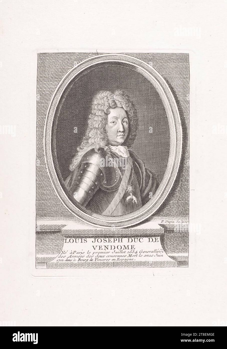 P. Dupin Sculpsit. LOUIS JOSEPH DUC DE VENDOME, geboren am 1. Juli 1654 in Paris, starb Generallissime der Armeen der beiden Kronen am 11. Juni 1712. Im Bourg de Vinaros in Spanien Stockfoto