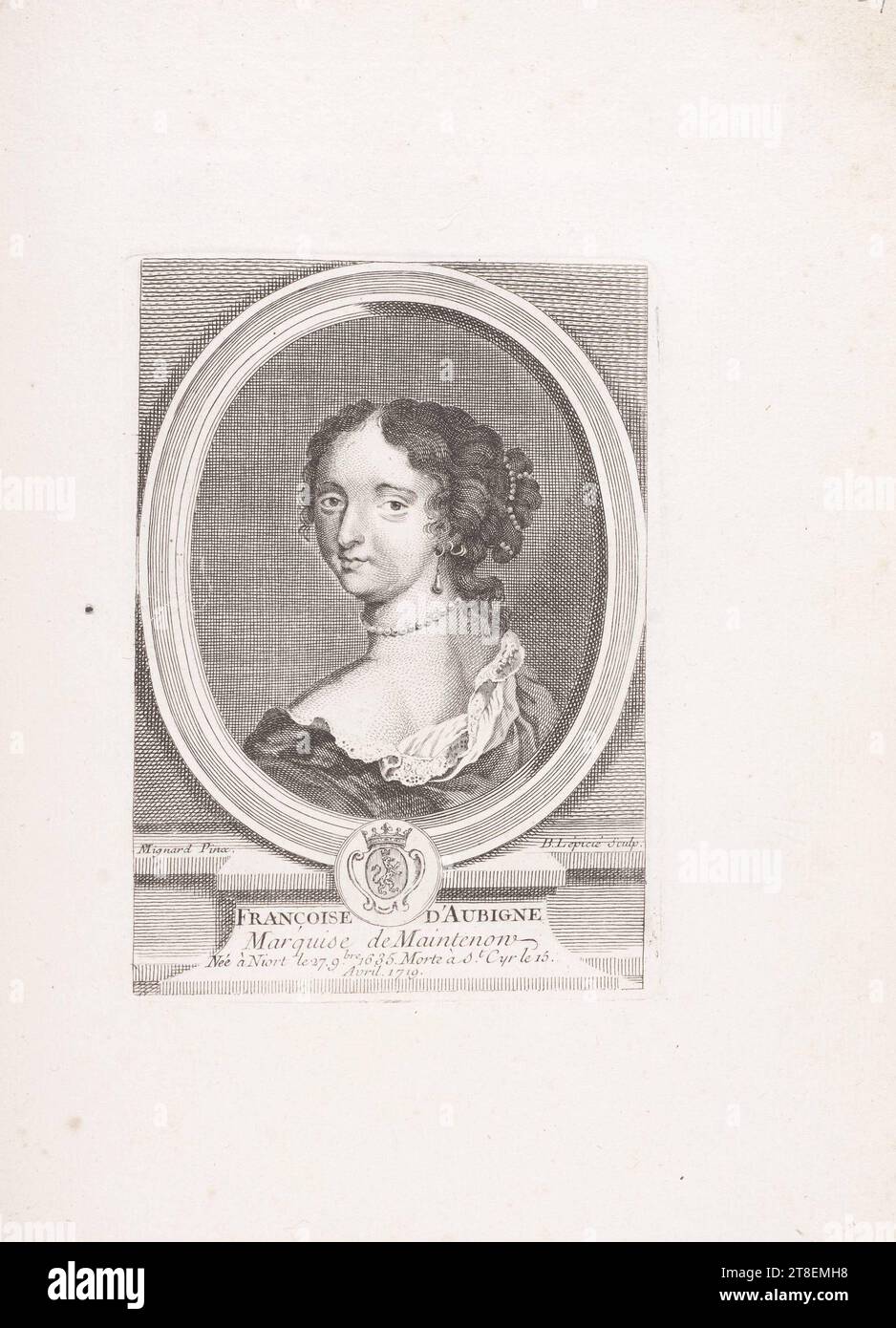 Mignard Pinx. B. Lépicié Sculp. FRANCOISE D'AUBIGNE Marquise de Maintenon. Geboren in Niort am 27. 9bre. 1635. Starb in St. Cyr auf 15. April. 1719 Stockfoto