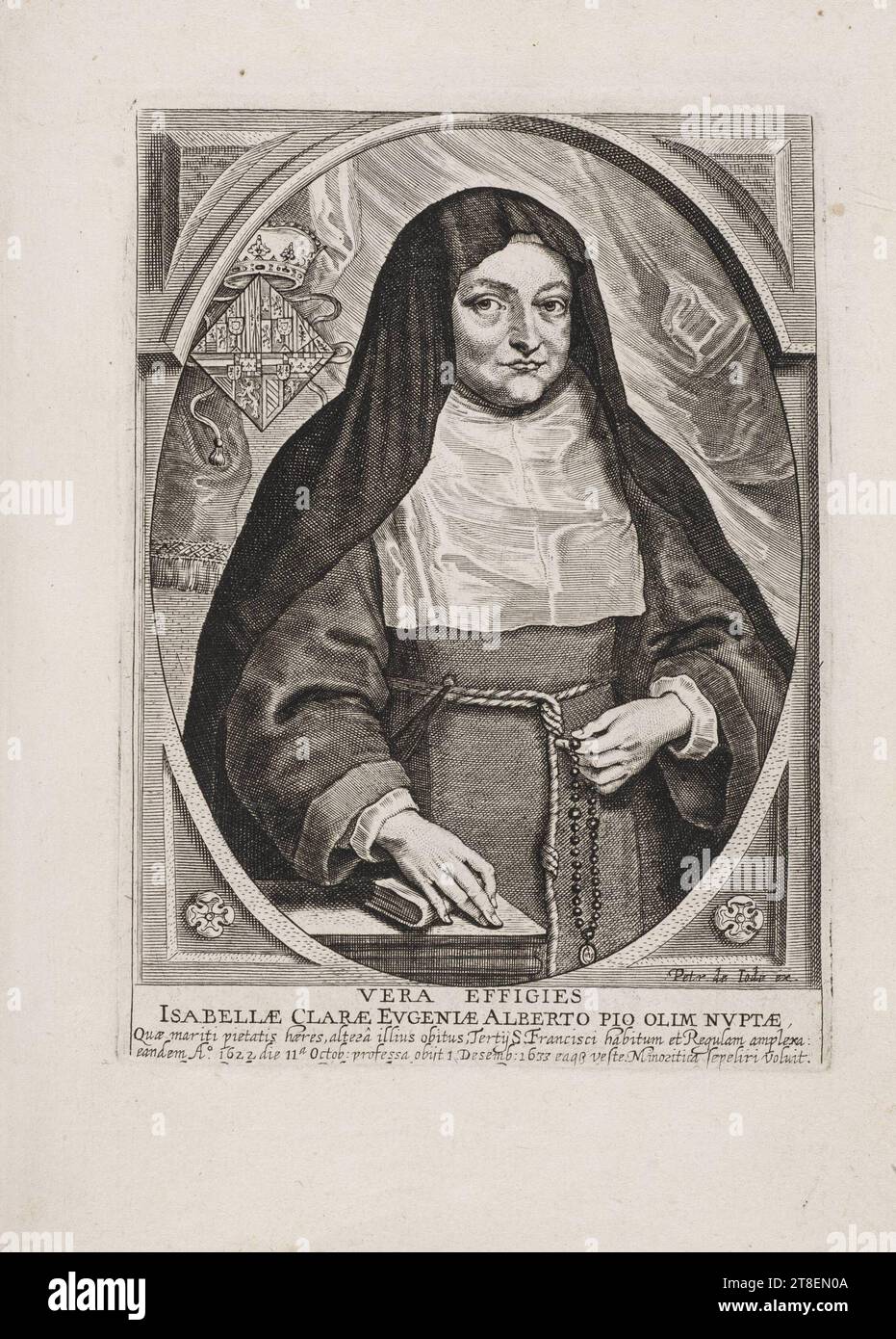 Petr. De IODE Ex. "VERA EFFIGIES ISABELLÆ CLARÆ EVGENIÆ ALBERTO PIO OLIM NVPTÆ, Quæ mariti pietatis hæres, altera illius obitus, Tertij S. Francisci habitum et Regulam amplexa: Eandem A°. I622 die 11a Octob: Professa obijt 1 Desemb: I633 eaq veste Minoritica sepeliri voluit Stockfoto