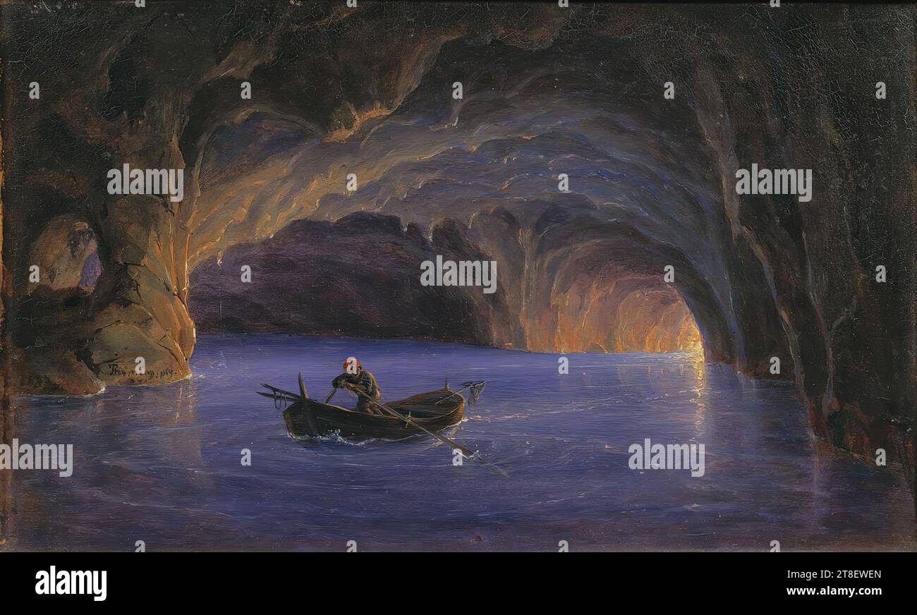 Die Blaue Grotte auf Capri, Friedrich Thøming, 1802-1873, 1833, Gemälde, Landschaftsmalerei, Textil, Leinwand, Farbe, Ölfarbe, lackiert, Höhe 13,1 cm, Breite 21,5 cm, Thöming pinx. 1833, Malerei, Europa, Moderne (1800 - 1914) Stockfoto