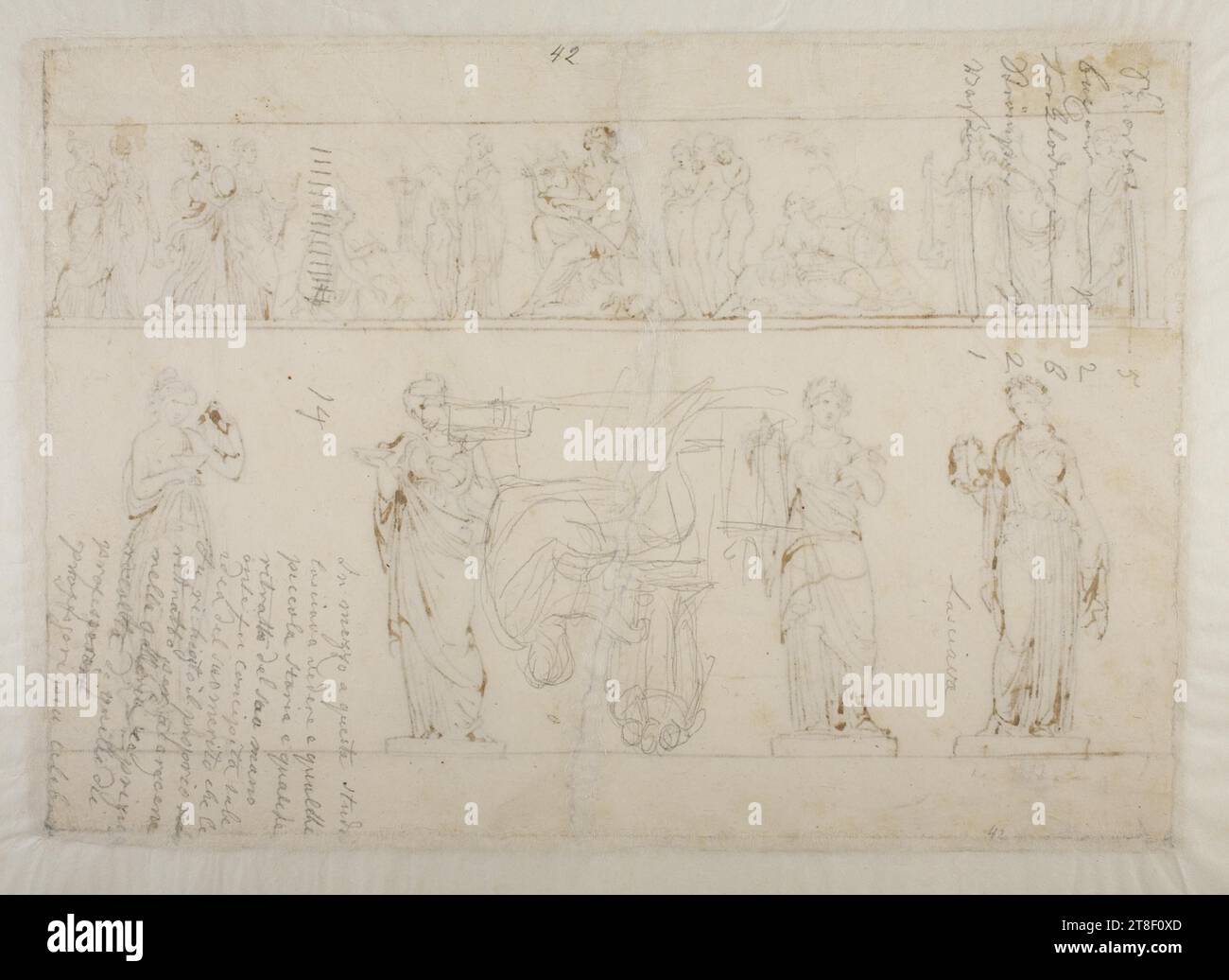 Sokrates Modeling the Graces, Bertel Thorvaldsen, 1770-1844, CA. 1813, Zeichnen, Papier, Farbe, Graphit, gezeichnet, Höhe 222 mm, Breite 313 mm, [Vaskerioptælling:] Skiorter 5, Buxer p 2, für[Tør?]klæder 6, Strømper p 2, Vaskeri [?]. Lasciava, smst, in mezzo a queste [questo] studi[o] lasciava vedere e qualche piccola storia e qualche ritratto del[la] sua mano onde fu concipita [konzepita] Erzählung idea del suo merito che le [gli] fu richiesto il proprio rittratto per accresce[r]ne nella galleria la priziosa [preziosa] raccolta di quessori iu, Zeichnungsarbeit Stockfoto