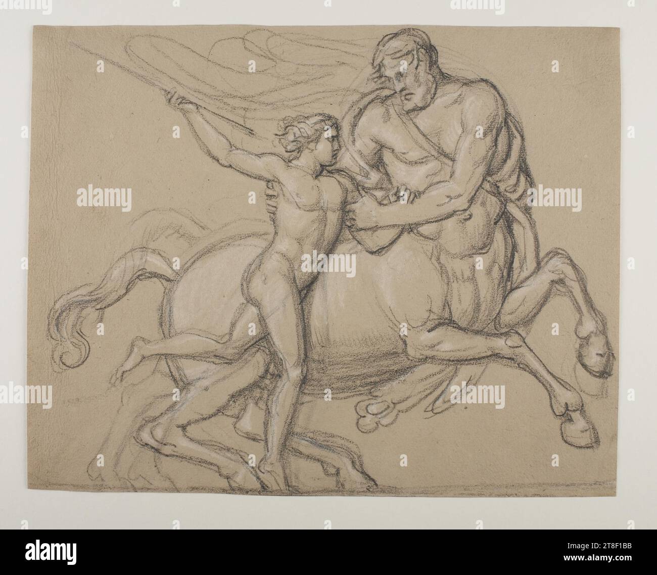 Chiron lehrt Achilles, einen Speer zu werfen, Bertel Thorvaldsen, 1770-1844, Zeichnen, Papier, Farbe, Kreide, Weißkreide, Farbe, Kreide, Karbonstift, gezeichnet, Höhe 215 mm, Breite 270 mm, Zeichenkunst, Zeichnung, Europa, Moderne (1800 - 1914 Stockfoto