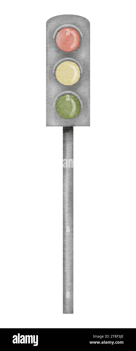 Ampel Aquarellabbildung. Handgezeichnete Clip-Art von Semaphore auf isoliertem Hintergrund. Zeichnung eines Ampelschildes für Kinderbücher über die sichere Einhaltung der Straßenregeln. Stockfoto