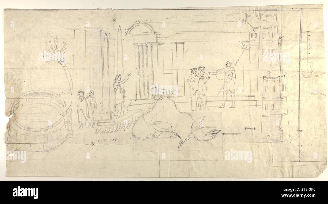ISIS-Tempel und Isis-Priesterinnen, Zeichnen, Papier, Farbe, Graphit, gezeichnet, Höhe mm, Breite mm, J, JH, [målestok], Entwurf, Zeichnung, Europäisch Stockfoto