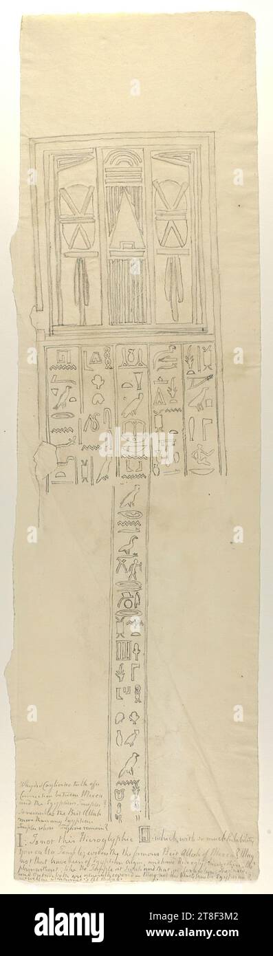 Hieroglyphen, Fragment, Zeichnung, Papier, Farbe, Graphit, gezeichnet, Höhe 478 mm, Breite 135 mm, warum hat Caglior[?] Sprechen Sie von einem, Verbindung zwischen Mekka und den ägyptischen Tempeln?, es ähnelt mehr als jeder ägyptische Tempel, in dem Figuren übrig sind?, I: Ist das nicht Hieroglyphen, den Sie mit so großer Wahrscheinlichkeit einen Tempel nennen; offensichtlich der berühmte Beit Allah von Mekka? Mai, nicht das war ägyptischer Herkunft und hat Hieroglyphici im Inneren, im Freien, wie der Tempel von Sevali und der von Jerusalem. Das Innere Stockfoto