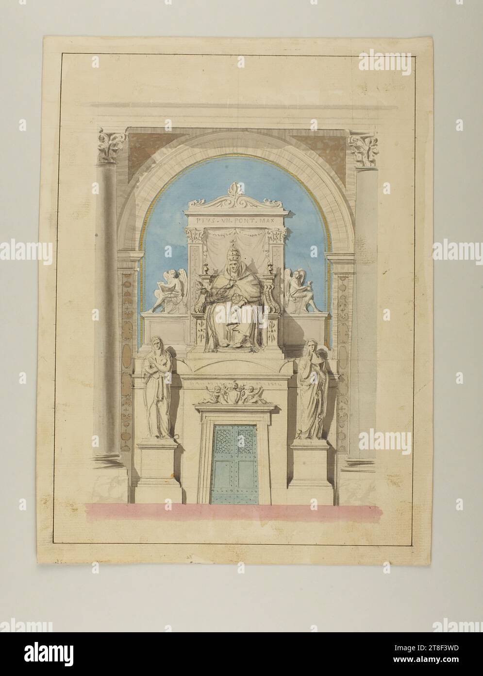 Vorschlag für die Platzierung des Monuments für Pius 7., Elevation, Giuseppe Valadier, 1762-1839, Zeichnung, Aquarell, Papier, Metall, Gold, Farbe, Aquarell, Farbe, Graphit, Bemalt, Gezeichnet, Höhe 300 mm, Breite 224 mm, PIVS.VII.PONT.MAX, Zeichenkunst, Europäisch, Aufklärung (1690 - 1800 Stockfoto