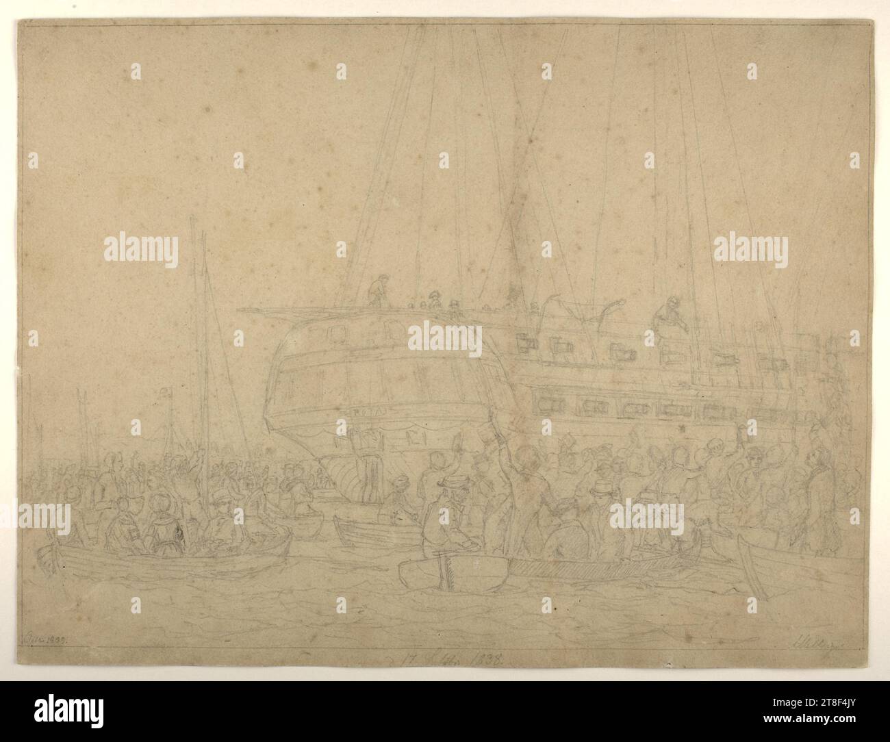 The Return of Thorvaldsen 17th September 1838, Anton Melbye, 1818-1875, 1839, Zeichnung, Papier, Farbe, Graphit, gezeichnet, Höhe 239 mm, Breite 316 mm, ROTA, Oktbr 1839., A Melbye, d 17 Setbr 1838., Draftsmanship, Zeichnung, europäisch, Moderne (1800 - 1914 Stockfoto