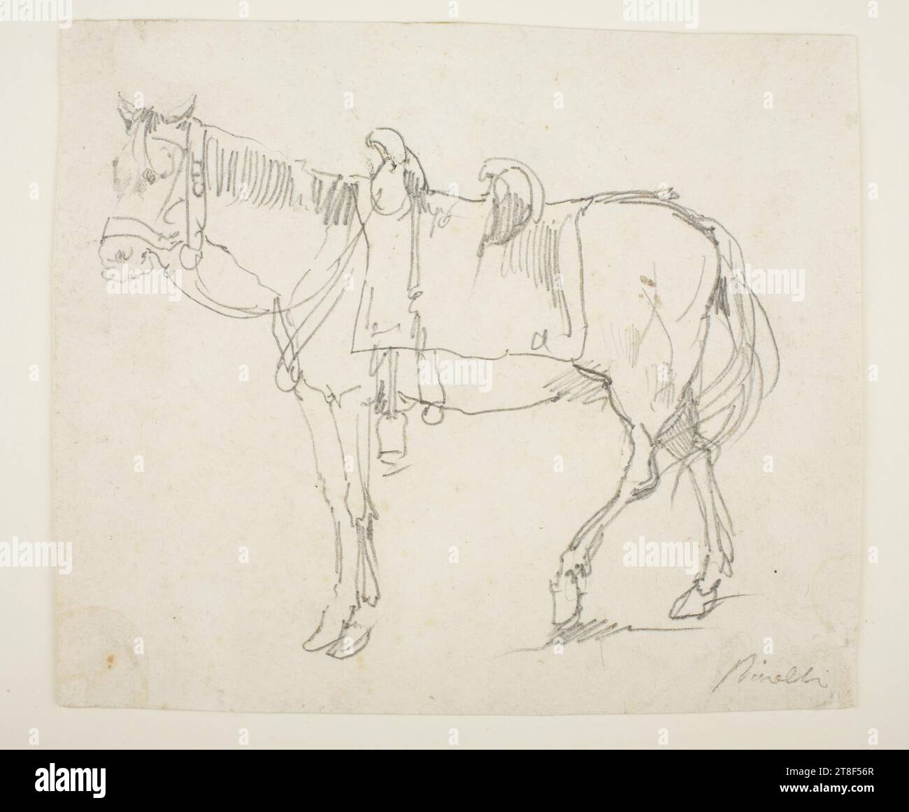 Horse, Bartolomeo Pinelli, 1781-1835, 1819-1833, Zeichnung, Papier, Farbe, Graphit, gezeichnet, Höhe 132 mm, Breite 155 mm, Pinelli, Zeichenkunst, Zeichnung, Europa, Modernität (1800 - 1914 Stockfoto