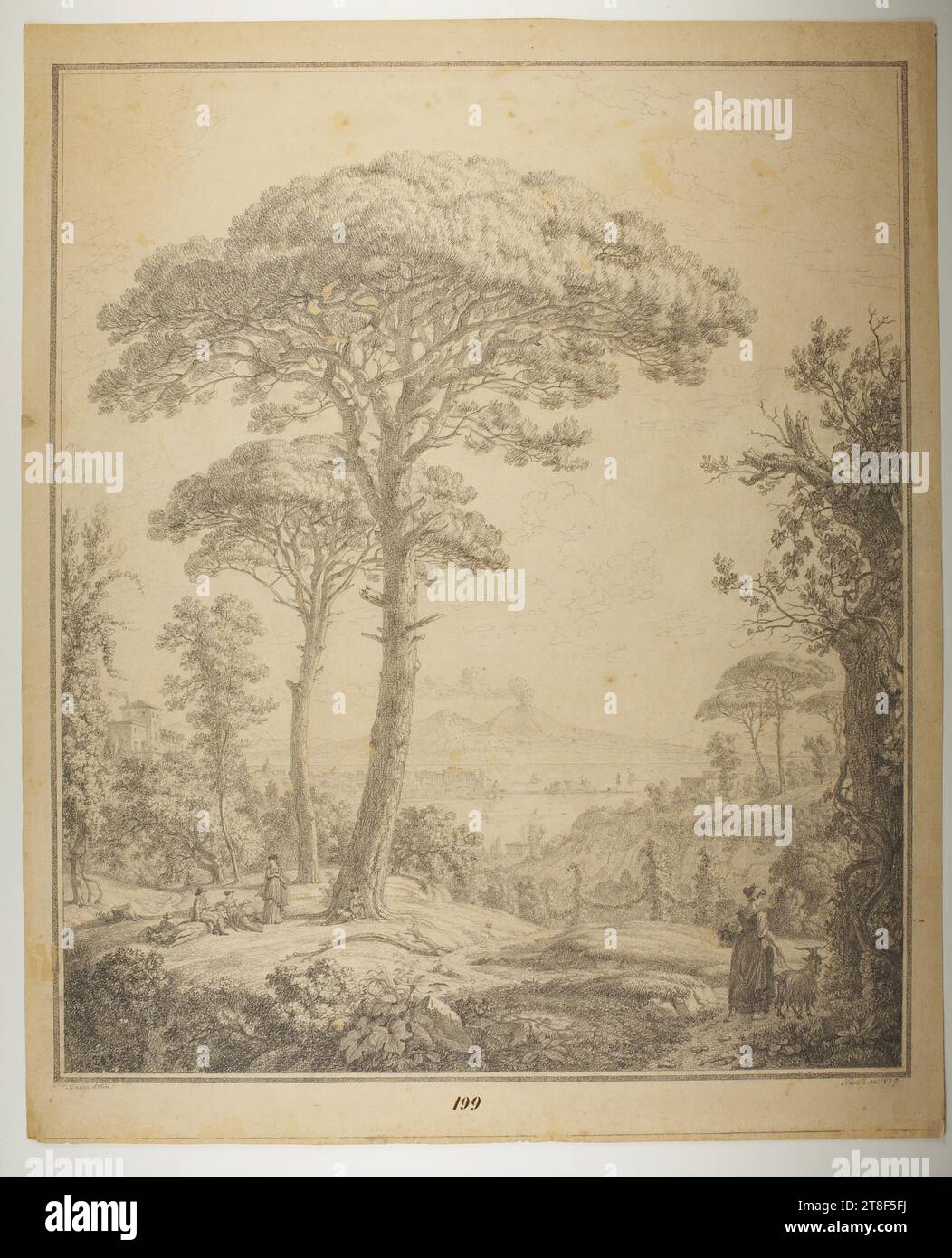 Ansicht von Neapel, Castello dell'Ovo und Vesuv, Christoph Heinrich Kniep, 1755-1825, 1819, Zeichnung, Papier, Farbe, Graphit, gezeichnet, Höhe 575 mm, Breite 480 mm, C. H. Kneip delin. Neapel an. 1819, Draftsmanship, Zeichnen, Europa, Moderne (1800 - 1914) Stockfoto