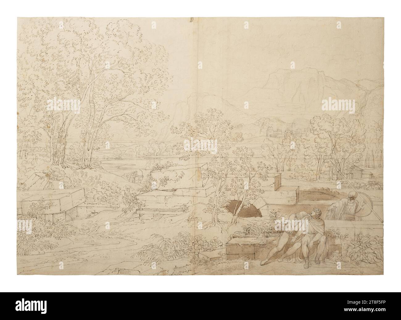 Ossinische Landschaft, George Augustus Wallis, 1761-1847, Zeichnung, Papier, Farbe, Tinte, Farbe, Graphit, Farbgewaschen, gezeichnet, Höhe 690 mm, Breite 985 mm, Zeichnungserstellung, Zeichnung, Europa, Moderne (1800-1914 Stockfoto