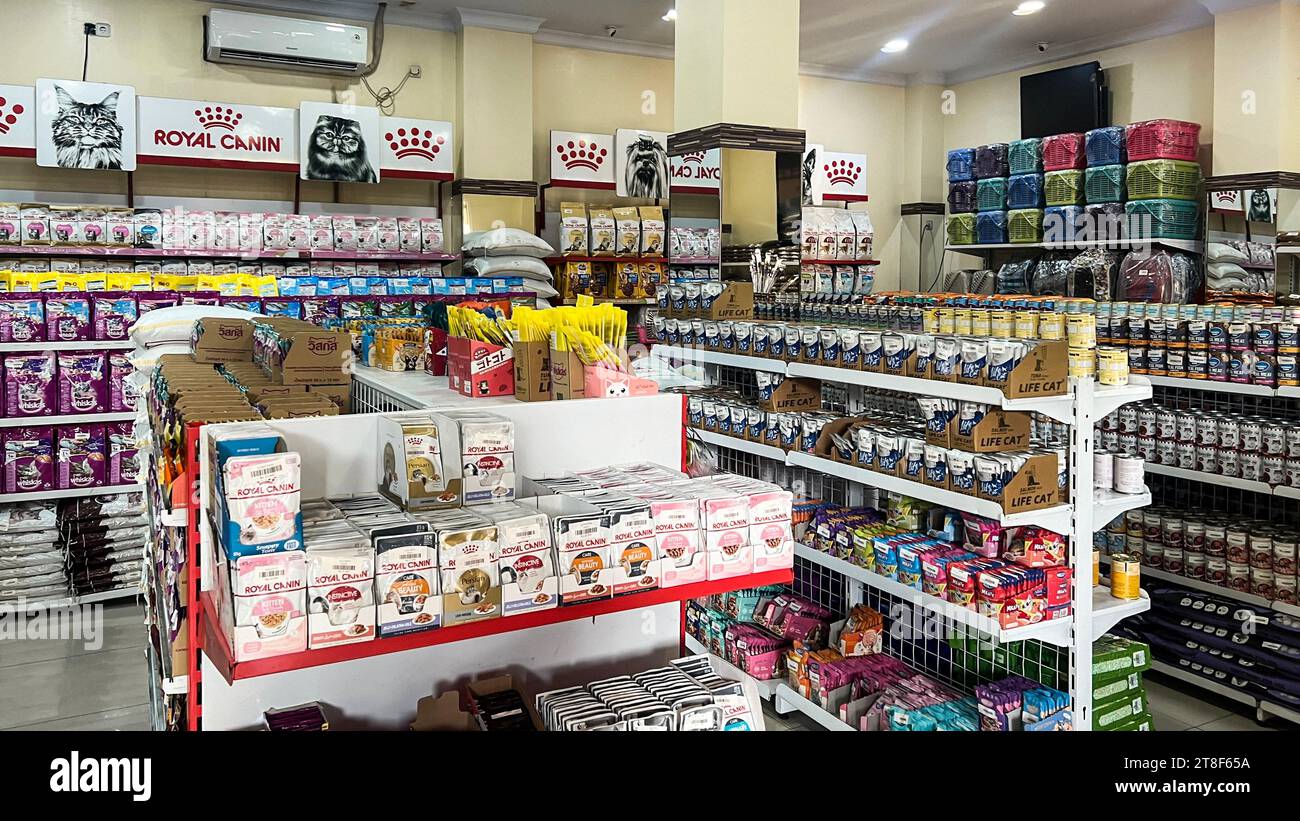 Futterabteilung für Hunde und Katzen. Regale mit verschiedenen Arten von Futter für Haustiere in einem Supermarkt in Bekasi, Indonesien. Bekasi, Indonesien, November Stockfoto