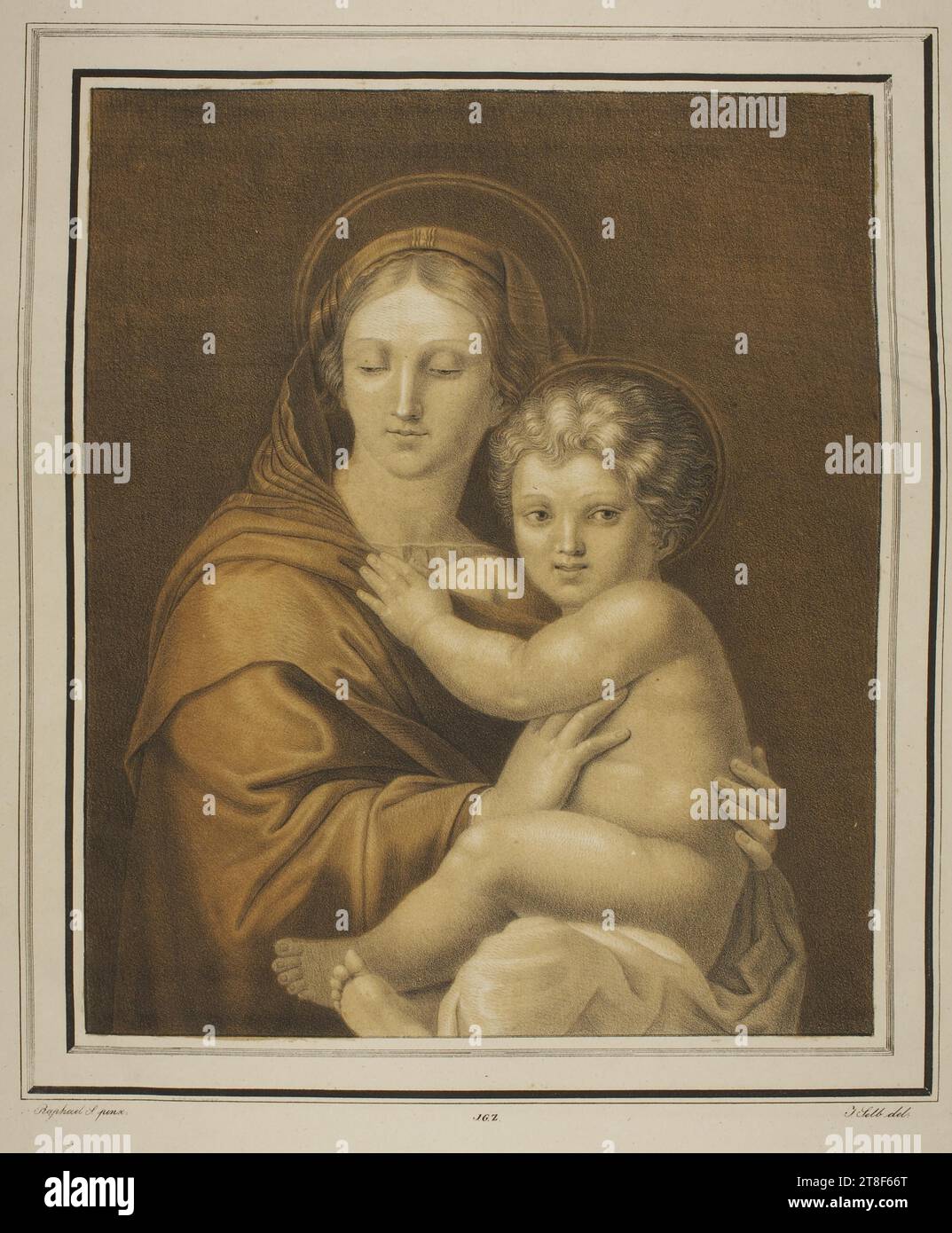 Mary and Child, Joseph Anton Selb, spätestens 1832, Grafik, Lithographie, Papier, Farbe, Druckertinte, Lithografie, Bedrucken, Höhe (Sichtgröße) 400 mm, Höhe (Plattengröße) 440 mm, Höhe (passepartout) 800 mm, Höhe (Papierformat) 625 mm, Breite (Plattengröße) 350 mm, Breite (passepartout) 650 mm, Breite (Papiergröße) 450 mm, Breite (Sichtgröße) 340 mm, Raphael pinx., J.G.z., J. Selb del, Graphic Design, Europäisch Stockfoto
