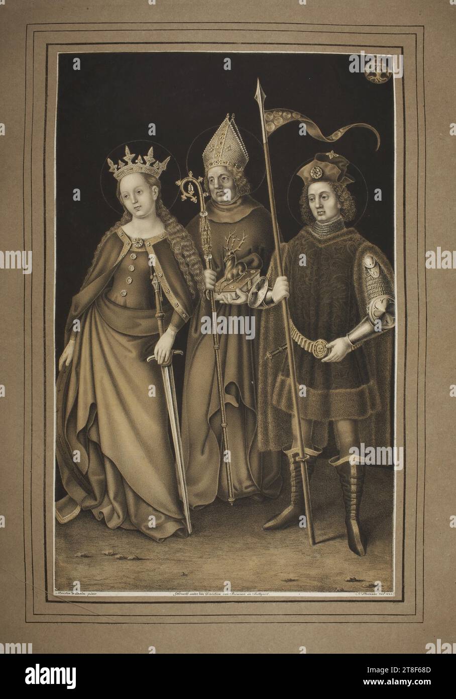 Heilige Katharina, Hubertus und Quirinus von Neuss, Johann Nepomuk Strixner, 1782-1855, 1823, Grafik, Lithografie, Papier, Farbe, Druckertinte, Lithografie, farbig, gedruckt, Höhe (Papierformat) 570 mm, Breite (Papierformat) 360 mm, Meister Wilhelm pinx., Gedrucht unter der Regie von Strixner in Stuttgart, N. Strixner del. 1823, Graphic Design, European, Modernity (1800–1914), Drucker, Johann Nepomuk Strixner Stockfoto