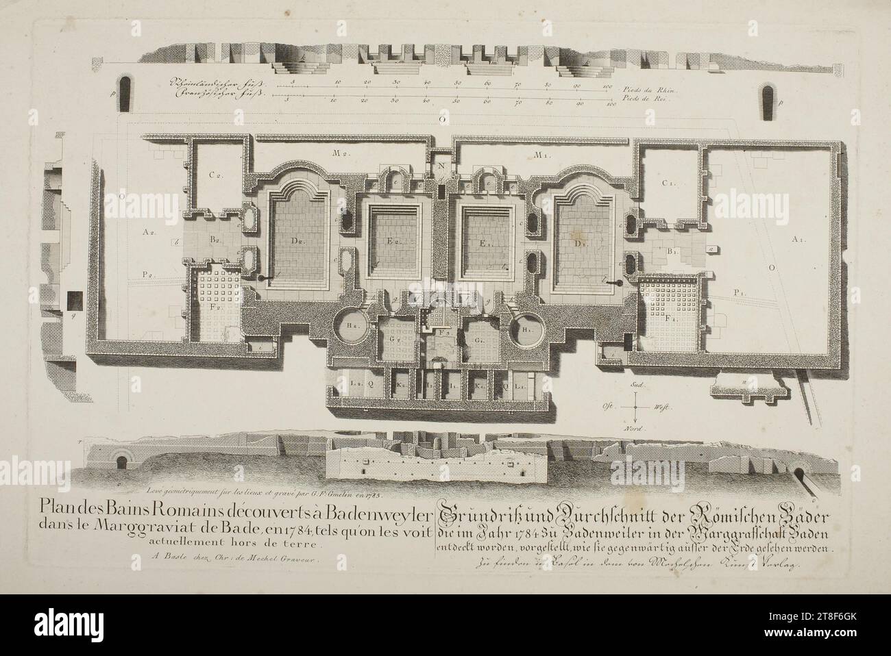 Die römischen Bäder in Badenweilen, Grundriss, Wilhelm Friedrich Gmelin, 1760-1820, 1785, Grafik, Ätzen, Papier, Farbe, Druckertinte, Ätzen, Drucken, Höhe (Plattenformat) 265 mm, Höhe (Papierformat) 340 mm, Breite (Plattenformat) 390 mm, Breite (Papierformat) 495 mm, Grafikdesign, Europa, Aufklärung (1690 - 1800 Stockfoto