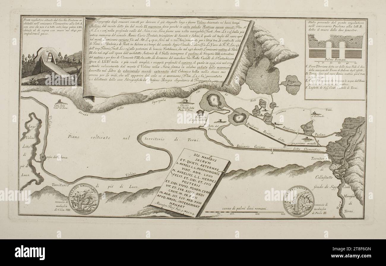 Topographische Karte der Wasserregulierung des Flusses und des Velino-Sees von Terani, 1779, Graphic Art, Etching, Paper, Farbe, Druckertinte, Ätzen, Drucken, Höhe (Plattengröße) 275 mm, Höhe (Papierformat) 325 mm, Breite (Plattenformat) 475 mm, Breite (Papierformat) 525 mm, Grafikdesign, Europa, Aufklärung (1690 - 1800 Stockfoto