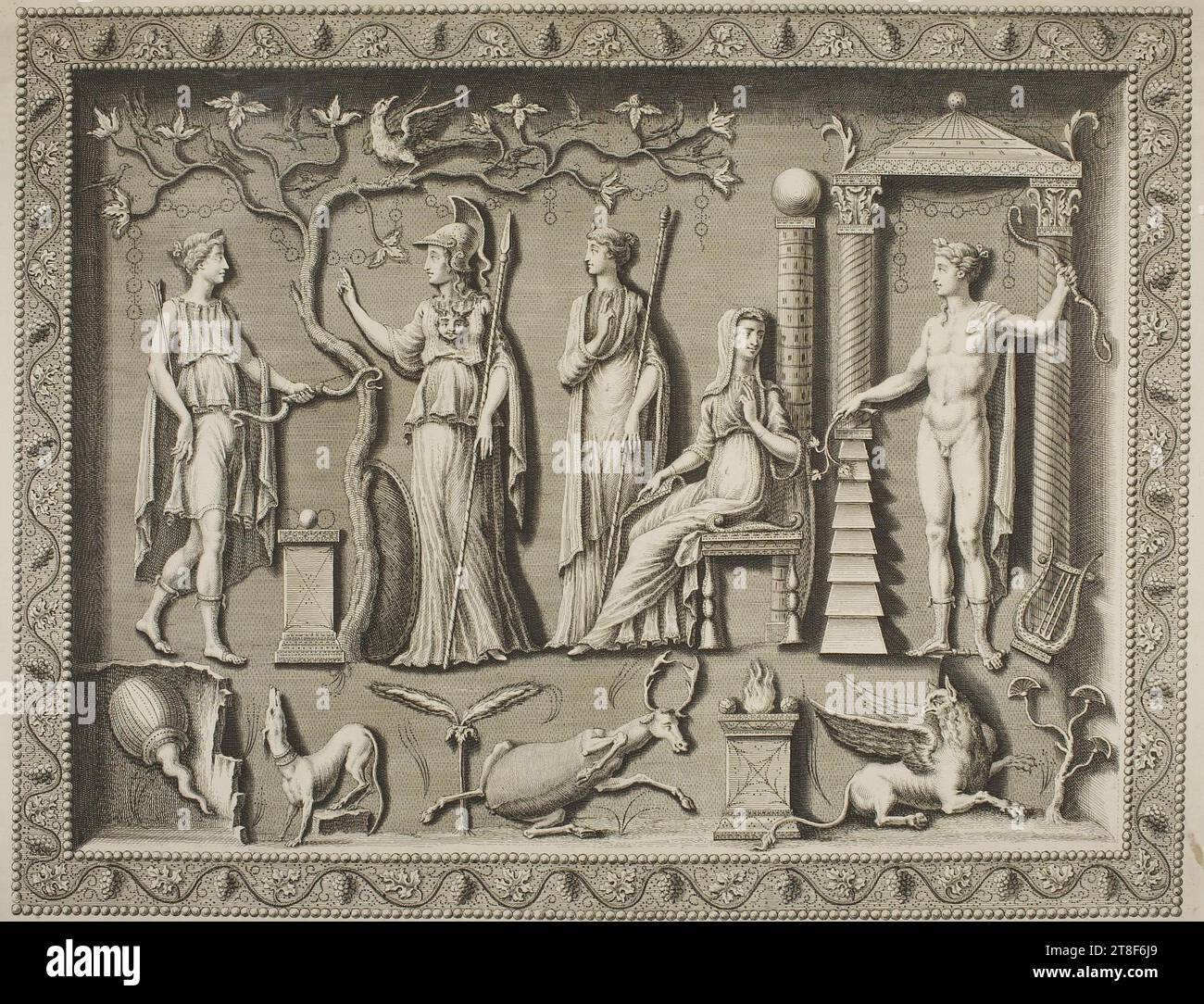 Corbridge Lanx; Vesta, Apollo, Ceres, Minerva und Diana, Gerard Vandergucht, 1737, Graphic Art, Ätzen, Papier, Farbe, Druckertinte, Ätzen, Bedrucken, Höhe (Plattengröße) 460 mm, Höhe (Papierformat) 470 mm, Breite (Plattengröße) 520 mm, Breite (Papierformat) 592 mm, diese Buchstaben wurden nicht auf [...] Die Rückseite von YE Silver Plate., an den edelsten Prinzen CHARLES Duke of SOMERSET und, Earl of HERTFORD, Viscount und Baron BEAUCHAMP, de HAECHE, Baron SEYMOUR, von TROBRIDGE, Lord of the Honours of COCKERMOUTH und PETWORTH Chan-, Zellor der Universität CAMBRIDGE Stockfoto