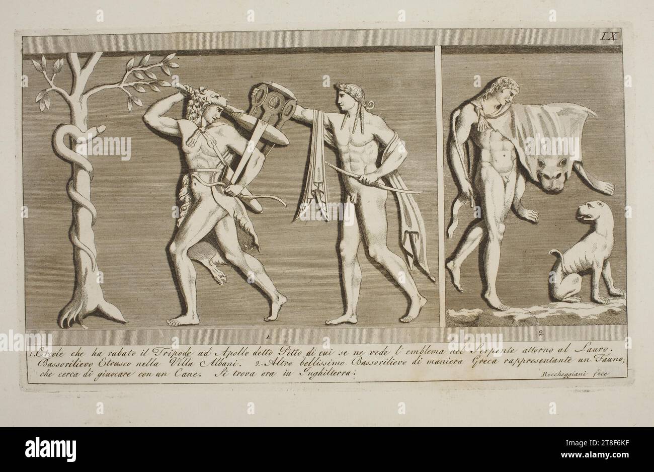 Herkules mit Pythias Stativ wird von Apollo aufgeholt. Faun and Dog, Lorenzo Roccheggiani, spätestens 1804-1817, 1804, Graphic Art, Kupfergravur, Papier, Farbe, Druckertinte, Kupfergravur, Drucken, Höhe (Plattengröße) 180 mm, Höhe (Papierformat) 300 mm, Breite (Plattenformat) 295 mm, Breite (Papierformat) 440 mm, IX, 1, 2, 1. Ercole che ha rubato il Tripode ad Apollo detto Pitio, di cui se ne vede l'emblema nel Serpente attorno al Lauro., Bassorilievo Etrusco nella Villa Albani. 2. Altro bellisimo Bassorilievo di maniera Greca rappresentante un Fauno Stockfoto