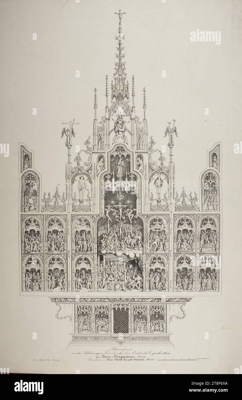 Altar, Conrad Christian Bøhndel, 1779-1847, 1833, Grafik, Lithografie, Papier, Farbe, Druckertinte, Lithografie, Printet, Höhe (Papierformat) 740 mm, Breite (Papierformat) 480 mm, Alterschrein, in der Schleswiger Domkirche, aus Eichnhol geschnitten, von Hans Brüggermann a.o. 1521, gezeichnet von Cour: Christ: August Böhndel Ao. 1833, Stdr von Behrendt & Fritz in Flensburg, Grafik, Europa, Moderne (1800 - 1914 Stockfoto