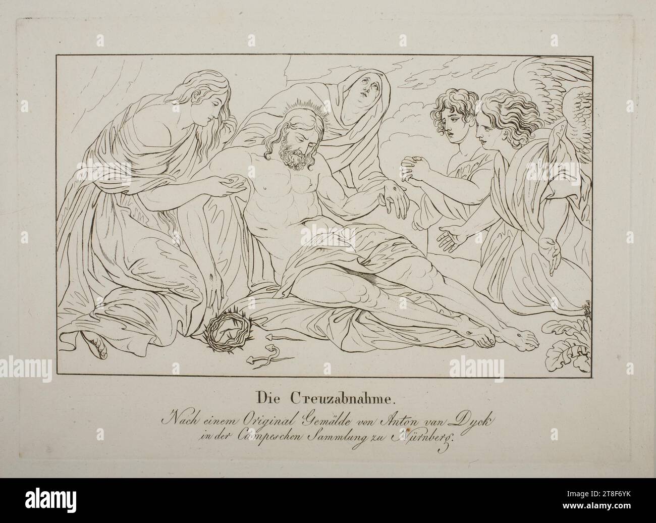Abstieg vom Kreuz, spätestens 1900, Grafik, Ätzen, Papier, Farbe, Druckertinte, Ätzen, Bedrucken, Höhe (Plattengröße) 180 mm, Höhe (passepartout) 500 mm, Höhe (Papierformat) 240 mm, Breite (Plattengröße) 250 mm, Breite (passepartout) 650 mm, Breite (Papierformat) 280 mm, die Creuzabnahme, nach einem Original Gemälde von Anton van Dyck, in der Cameschen Sammlung zu Nürnberg, Graphic Design, Europäisch Stockfoto