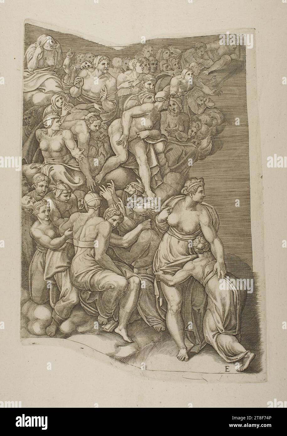 Gesegnete Frauen, Giovanni Battista Scultori, spätestens 1575, Grafik, Kupfergravur, Papier, Farbe, Druckertinte, Kupfergravur, Bedrucken, Höhe (Plattenformat) 390 mm, Höhe (Papierformat) 500 mm, Breite (Plattenformat) 270 mm, Breite (Papierformat) 760 mm, E, Grafikdesign, Europa, Aufklärung (1690 - 1800), Drucker, Giovanni Giacomo de' Rossi Stockfoto