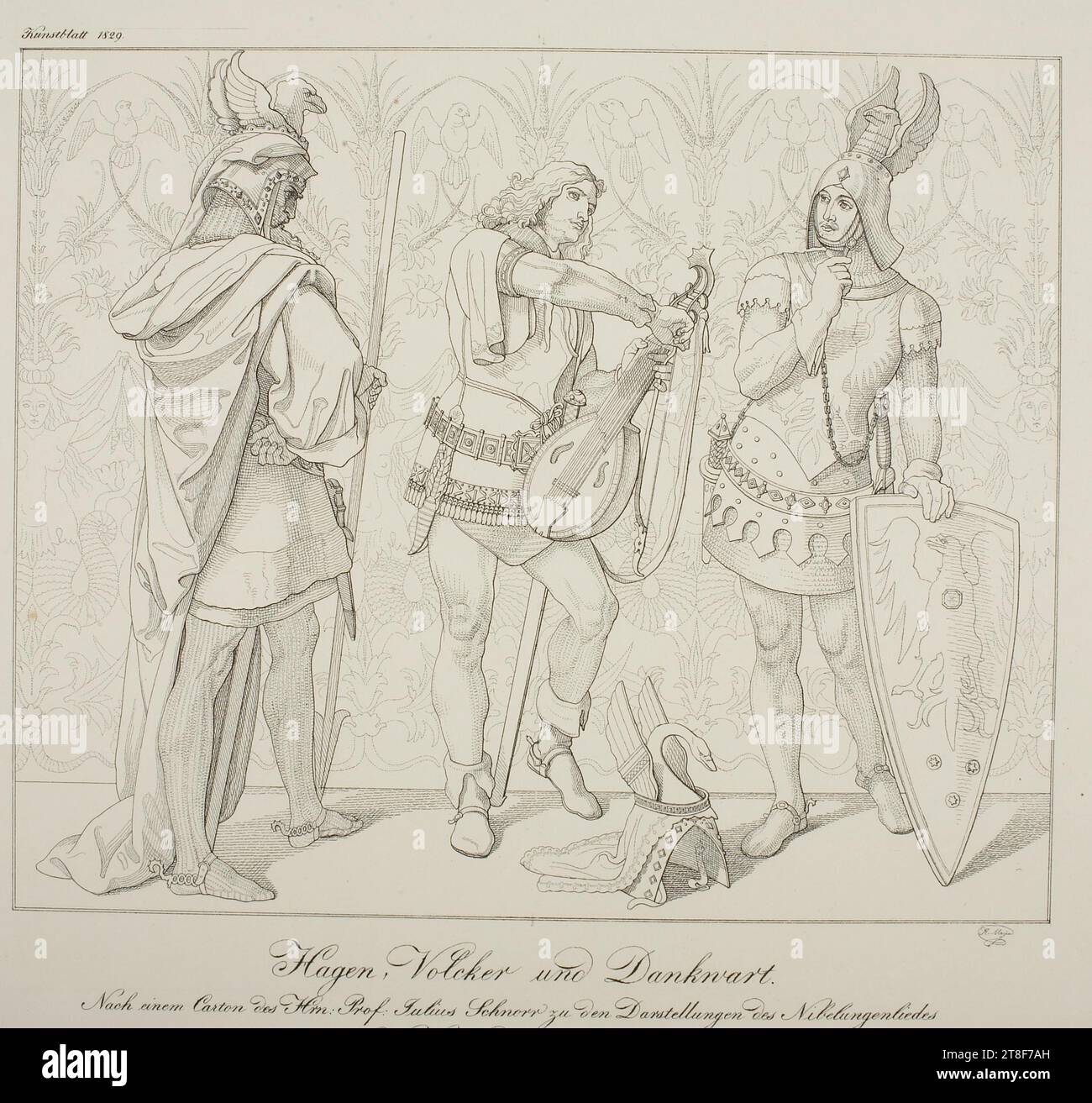 Hagen, Volcker und Dankvart aus „der Ring von Nibelung“, Heinrich Meyer, 1829, Grafik, Lithographie, Papier, Farbe, Druckertinte, Lithografie, Drucken, Höhe (Papierformat) 280 mm, Breite (Papierformat) 425 mm, Kunstblatt 1829, H. Mayer, Hagen, Vocker und Dankvart., nach einem Carton des HRN: Prof: Julius Schnorr zu den Darstellung des Nibelungen Lieder, in der Kön: Residenz in München, Graphic Design, European, Modernity (1800 - 1914) Stockfoto