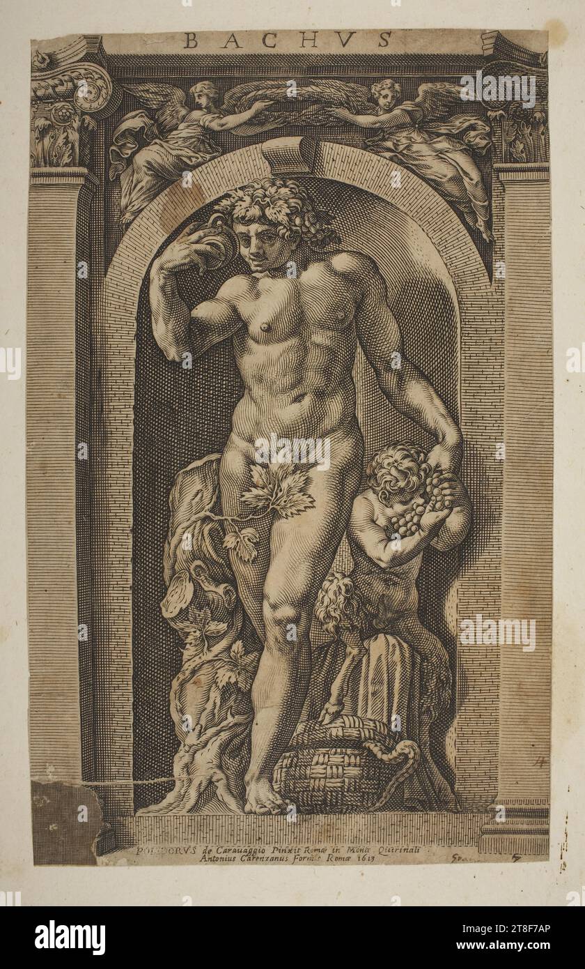 Bacchus, Raffaello Guidi, nicht früher als 1592, Grafik, Kupfergravur, Papier, Farbe, Druckertinte, Kupfergravur, Bedrucken, Höhe (Plattengröße) 335 mm, Höhe (Papierformat) 415 mm, Breite (Plattengröße) 210 mm, Breite (Papierformat) 270 mm, BACHUS, POLIDORVS de Caravaggio Pinxit in Romæ in Monte Quirinalis, Antonius Carenzanus Formis Romæ 1613, Graphic Design, europäisch Stockfoto