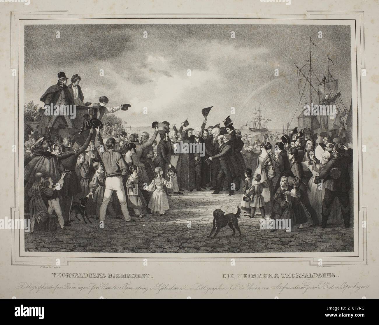 Die Rezeption von Thorvaldsen auf Toldboden in Kopenhagen am 17. September 1838, Emil Bærentzen, 1799-1868, No early than 1841, Graphic Art, Lithograph, Paper, Color, Druckertinte, Lithografie, Bedrucken, Höhe (Papierformat) 400 mm, Breite (Papierformat) 520 mm, F. Westphal pinx., EM. Bærentzen & c, THORVALDSENS HJEMKOMST., DIE HEIMKEHR THORVALDSENS., Litographert für Foreningen für Kunstens Opmuntring i Kjóbenhavn. Litografiert für die Union zur Aufmunterung der Kunst in Kopenhagen, Graphic Design, European, Modernity (1800 - 1914) Stockfoto