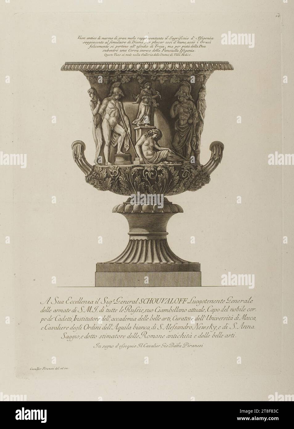 Antike Vase. Relief mit dem Opfer von Ifigenia, Giovanni Battista Piranesi, spätestens 1778, Grafik, Kupferstiche, Ätzen, Papier, Farbe, Druckertinte, Kupfergravur, Ätzen, Drucken, Höhe (Plattengröße?) 733 mm, Breite (Plattengröße?) 532 mm, 54, Vaso antico di marmo di gran mole rappresentate il Sagrifizio d'Ifigenia, soggiacente al simulacro di Diana per placar cosi il nume, acciò i Greci, felicemente si portino all'assedio di Troja; mA per Pietà della DEA, subentrò una Cerva invece della Faniculla Ifigenia Stockfoto