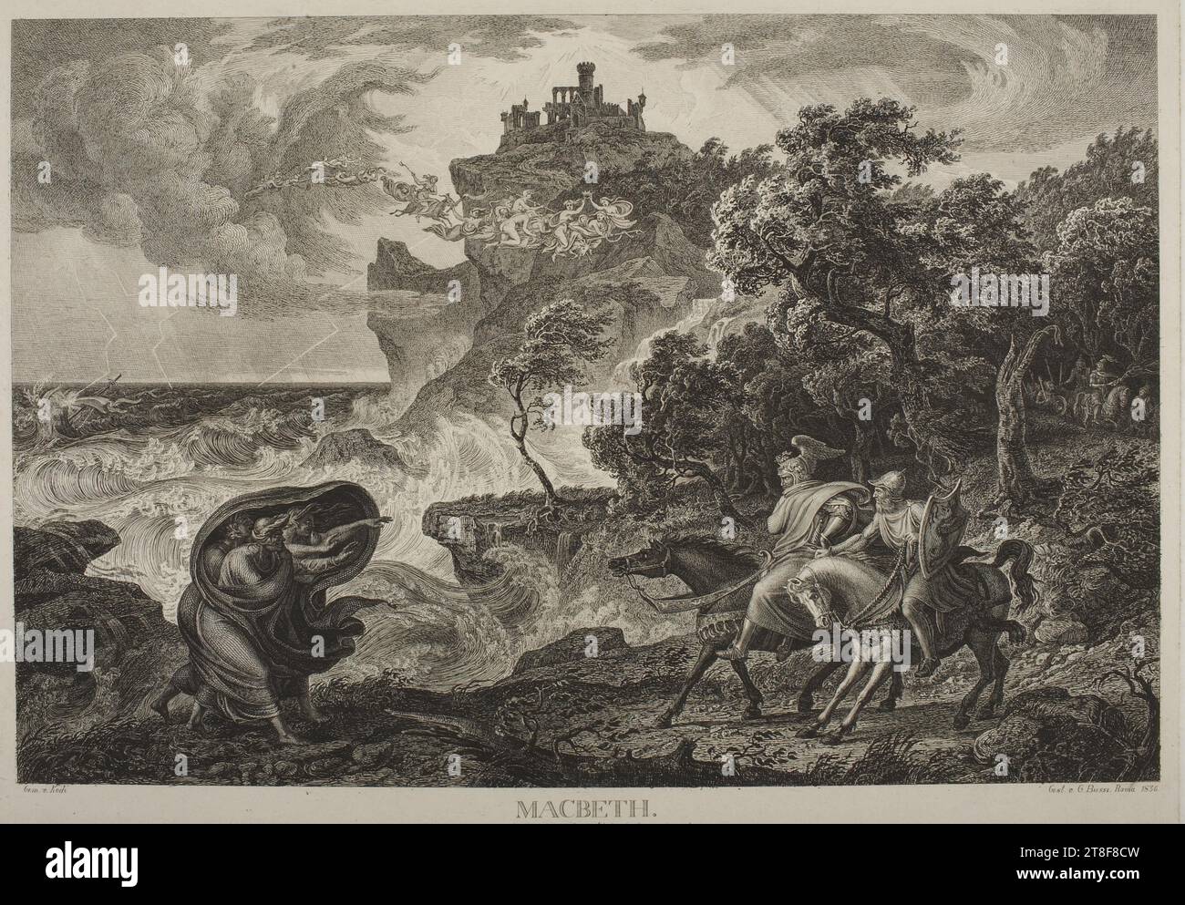 Macbeth und die Hexen, Georg Heinrich Busse, 1836, Grafik, Ätzen, diese dramatische Landschaft von Joseph Anton Koch (1768–1839) veranschaulicht die erste Szene in William Shakespeares Tragödie (1564–1616), Macbeth. Es erzählt, wie Macbeth drei Hexen begegnet, die seine Zukunft vorhersagen. Sie stehen für Chaos, Dunkelheit und Konflikt. In Georg Heinrich Busses Druckschrift, ausgeführt nach Kochs Malerei Stockfoto