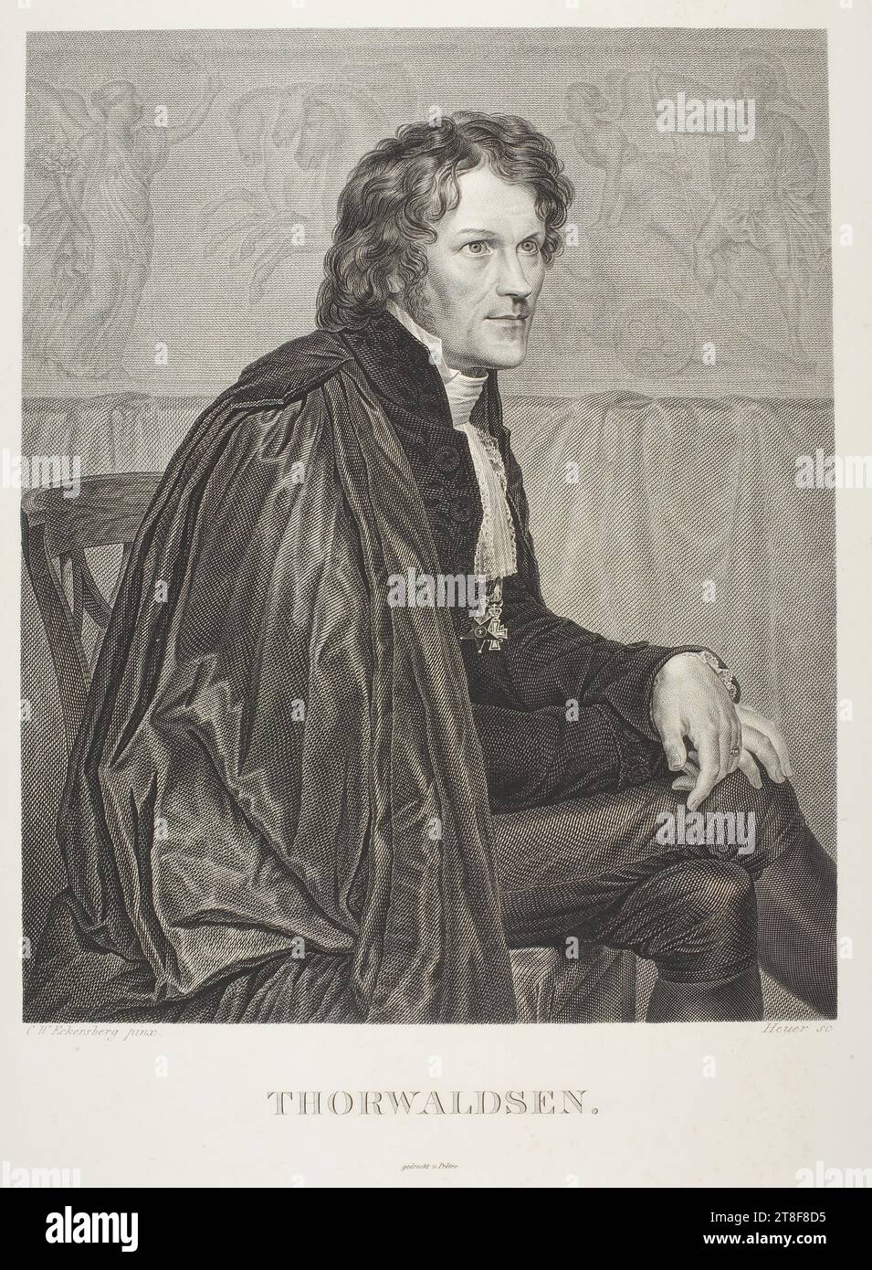 Porträt von Thorvaldsen im Kostüm der San-Luca-Akademie, Wilhelm Heuer, No. Prether than 1814, Graphic Art, Kupferstich, Papier, Farbe, Druckertinte, Kupfergravur, Bedrucken, Höhe (Plattenformat) 365 mm, Höhe (Papierformat) 378 mm, Breite (Plattenformat) 282 mm, Breite (Papierformat) 300 mm, C.W. Eckersberg pinx. Heurer scl gedruckt v.Pretre., Graphic Design, European, Modernity (1800 - 1914), Printer, Jean Gabriel Prêtre Stockfoto