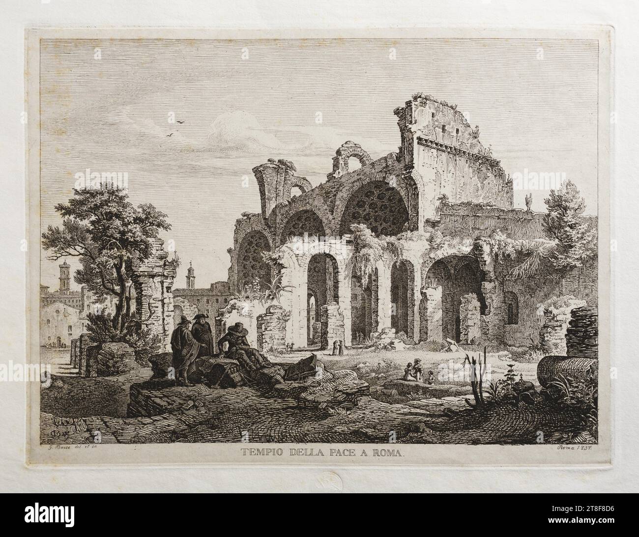 Friedenstempel in Rom, Georg Heinrich Busse, 1837, Grafik, Ätzen, Papier, Farbe, Druckertinte, Ätzen, Drucken, Höhe (Plattenformat) 180 mm, Höhe (Papierformat) 420 mm, Breite (Plattenformat) 240 mm, Breite (Papierformat) 275 mm, GB, G. Busse del. Et sc., TEMPIO DELLA PACE A ROMA., Roma 1837., Grafik, europäisch, Moderne (1800 - 1914 Stockfoto