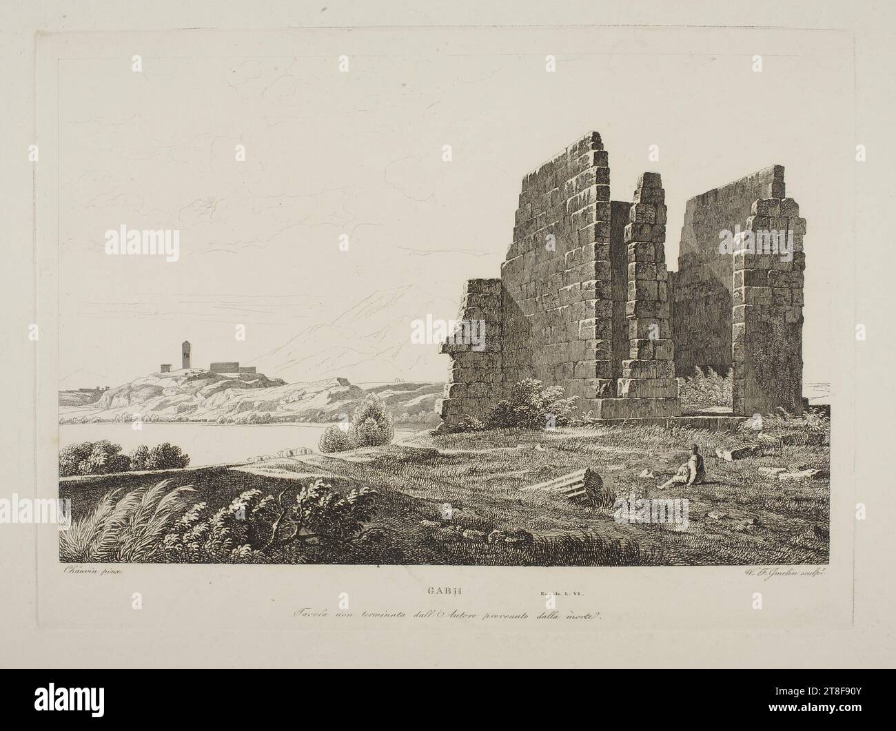 Gabii, Wilhelm Friedrich Gmelin, 1760-1820, Ca. 1820, Grafik, Kupfergravur, Papier, Farbe, Druckertinte, Kupfergravur, Bedrucken, Höhe (Plattengröße) 207 mm, Höhe (Papierformat) 270 mm, Breite (Plattengröße) 283 mm, Breite (Papierformat) 350 mm, Chauvin pinx., W.F. Gmelin sculpt, Gabii, Æneide L. VI., Tavoloa non terminata dall' Autore prevenuto dalla morte, Graphic Design, European, Modernity (1800 - 1914) Stockfoto