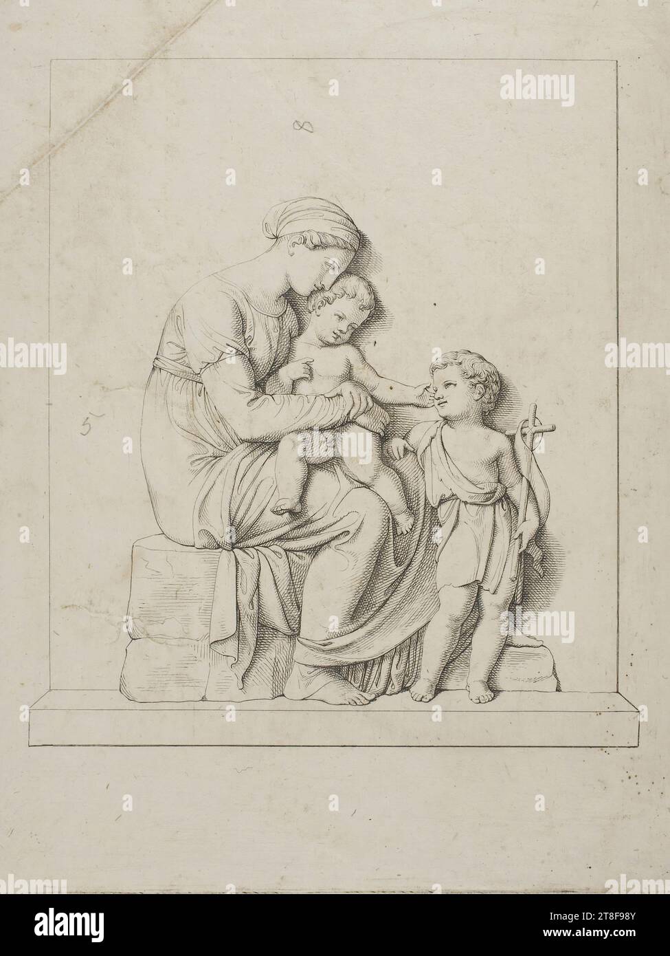 Maria mit Jesus und Johannes, Ferdinando Mori, 1782-1852, 1811, Grafik, Kupfergravur, Papier, Farbe, Druckertinte, Kupfergravur, Printet, Höhe (Plattenformat) 230 mm, Höhe (Papierformat) 240 mm, Breite (Plattenformat) 180 mm, Breite (Papierformat) 190 mm, Grafikdesign, Europa, Modernität (1800 - 1914 Stockfoto