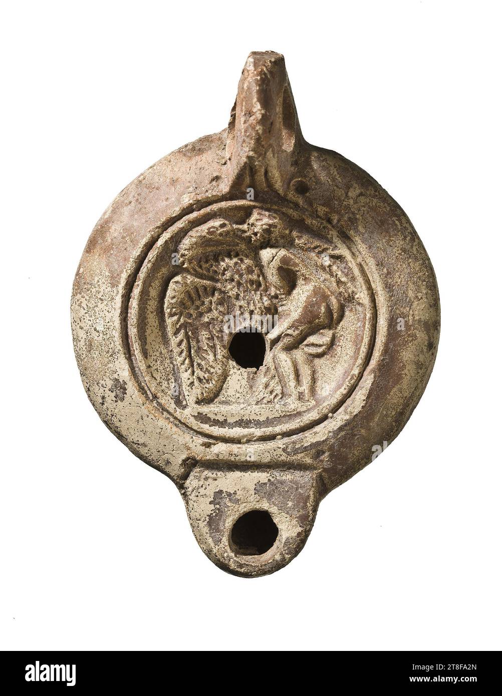 Lampe mit Leda und dem Schwan, CA. 100, Möbel, Lampe, Befeuert, Modelliert, Höhe 11,5 cm, Töpferwaren, Keramik, römisch, Kaiserzeit (27 v. Chr. - 476 Stockfoto