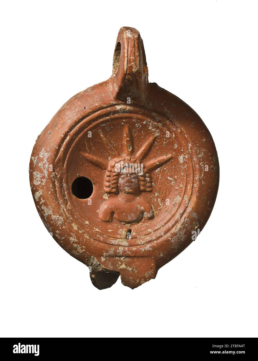 Lampe mit Büste von Sol, 90 - 140, Möbel, Lampe, befeuert, modelliert, Höhe 9,8 cm, C L, Keramik, Roman (753 v. Chr. - 476 Stockfoto
