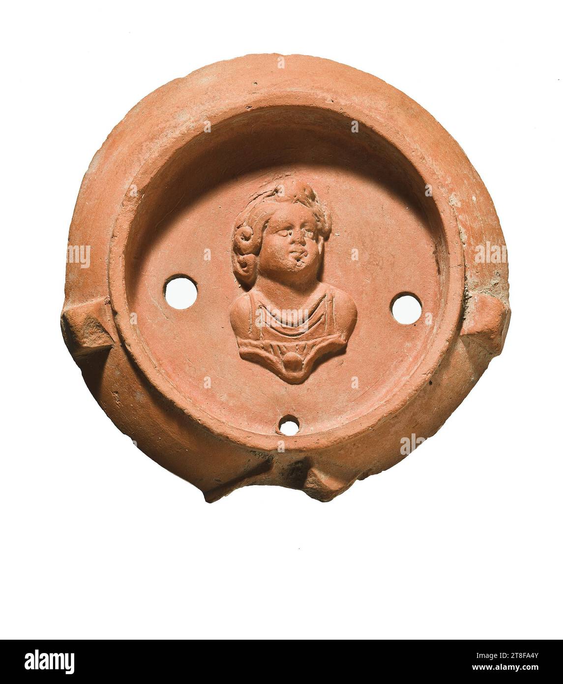 Lampe mit Büste eines Kindes (Cupid?), 70 - 100, Möbel, Lampe, gefeuert, modelliert, Höhe 7,8 cm, Töpferwaren, Keramik, römisch (753 v. Chr. - 476 Stockfoto