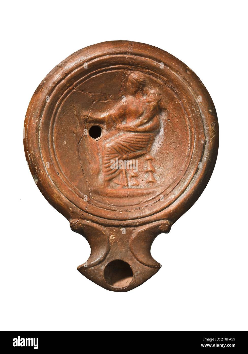 Lampe mit Fortuna, sitzend mit einer Kornukopie, 100, Möbel, Lampe, befeuert, modelliert, Höhe 11,4 cm, Töpferwaren, Keramik, römisch (753 v. Chr. - 476 Stockfoto