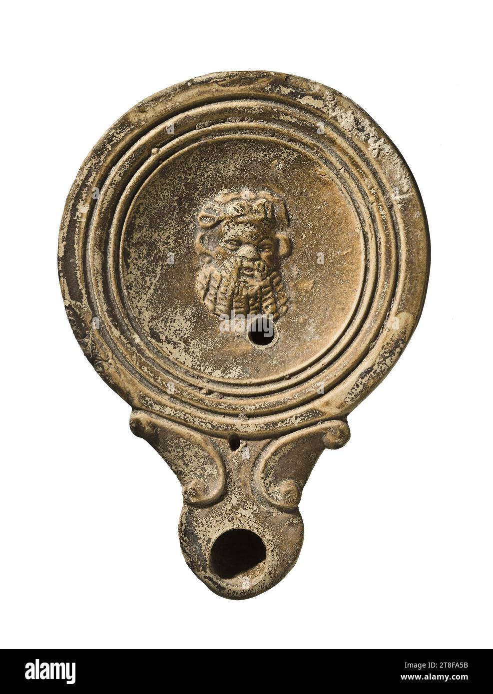 Lampe mit Schallschutzmaske, 40 - 80, Möbel, Lampe, befeuert, modelliert, Höhe 10,9 cm, Töpferwaren, Keramik, römisch (753 v. Chr. - 476 Stockfoto