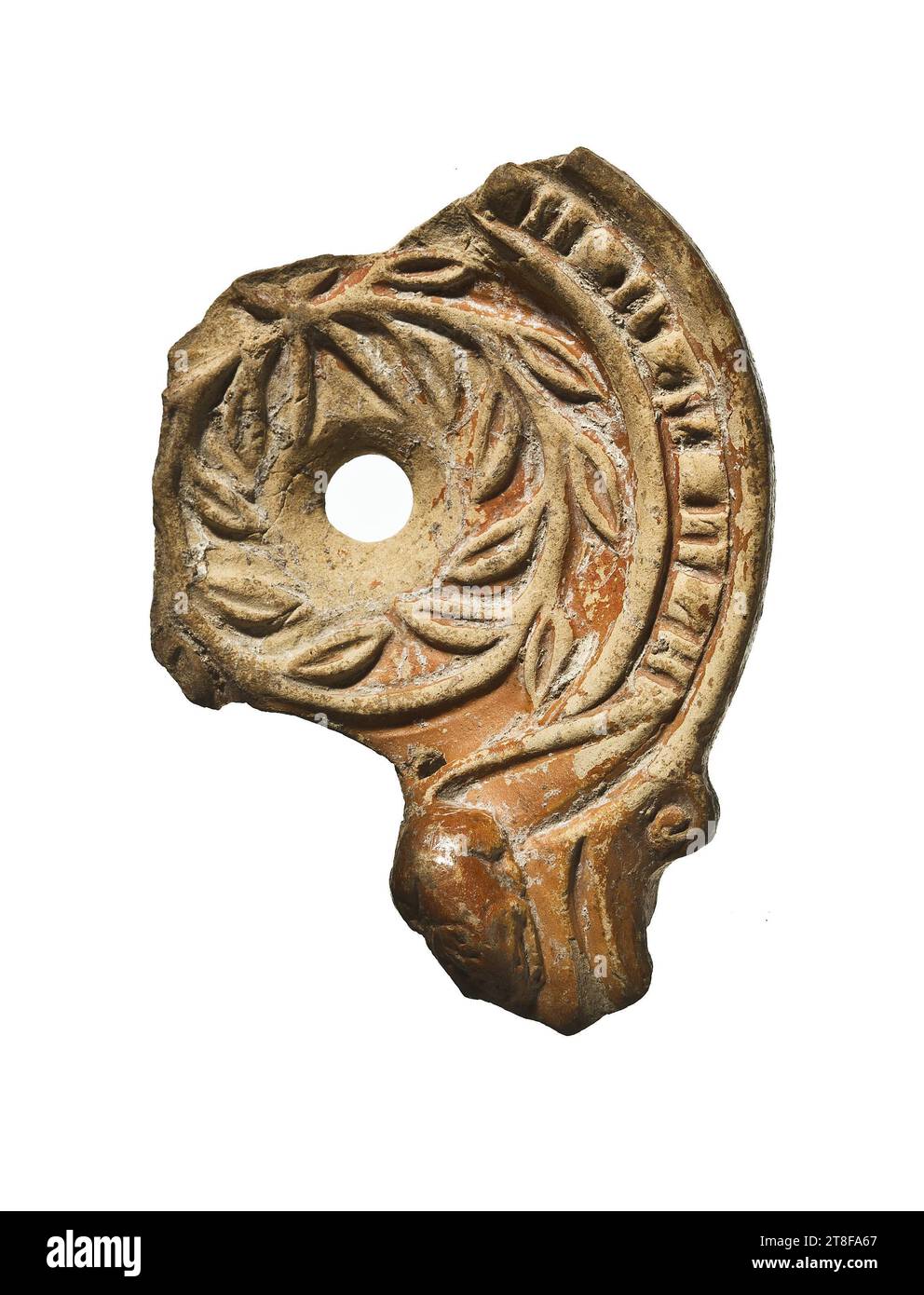 Lampe mit Kranz und Maus, 100, Möbel, Lampe, gefeuert, modelliert, Höhe 7,1 cm, Töpferwaren, Keramik, römisch, Kaiserzeit (27 v. Chr. - 476 Stockfoto