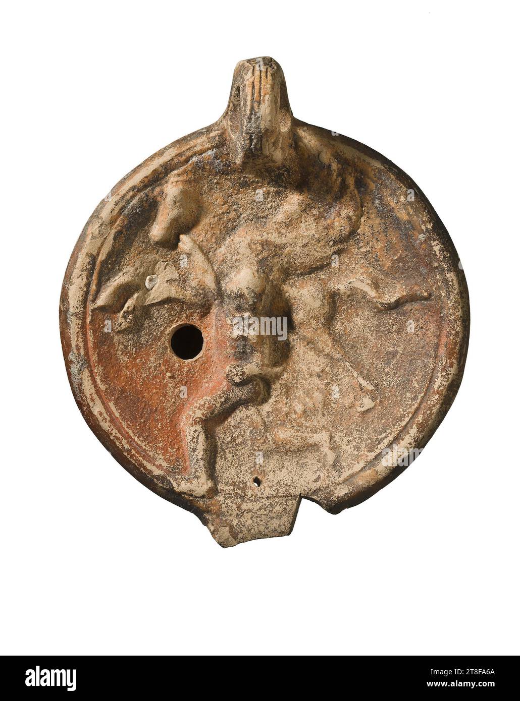 Lampe mit Perseus und Pegasus, 175 - 225, Möbel, Lampe, befeuert, modelliert, Höhe 12,6 cm, SAECVLI, Keramik, Roman (753 v. Chr. - 476 Stockfoto