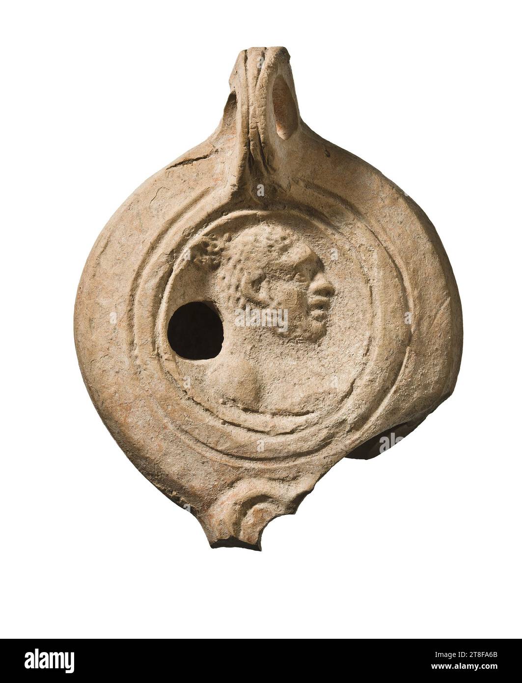 Lampe mit männlicher Büste, 175 - 225, Möbel, Lampe, befeuert, modelliert, Höhe 8,2 cm, FLORENT, Keramik, Roman (753 v. Chr. - 476 Stockfoto