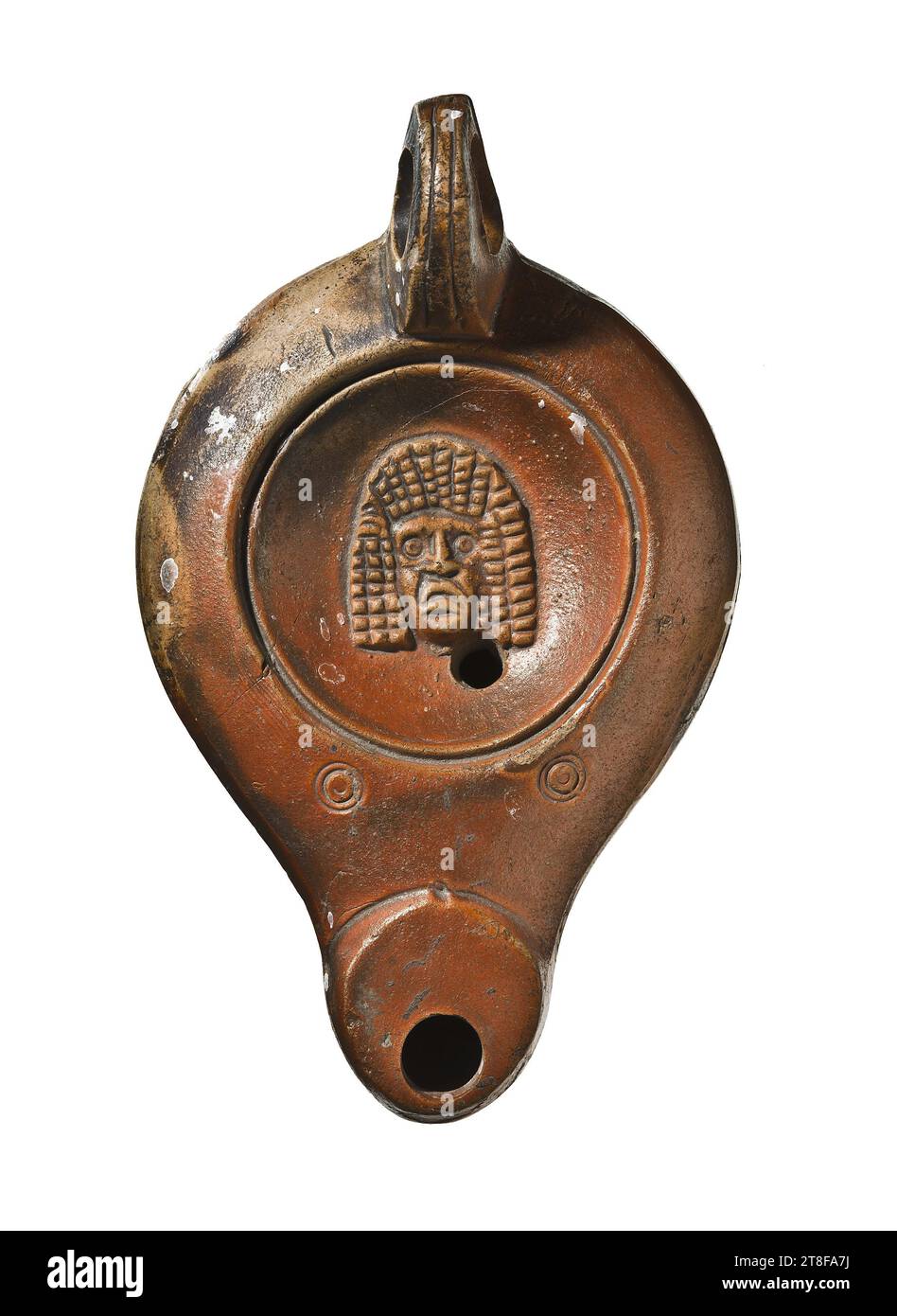 Lampe mit tragischer Maske, 50 - 100, Möbel, Lampe, gefeuert, modelliert, Höhe 11,1 cm, FORTIS, Keramik, Roman (753 v. Chr. - 476 Stockfoto