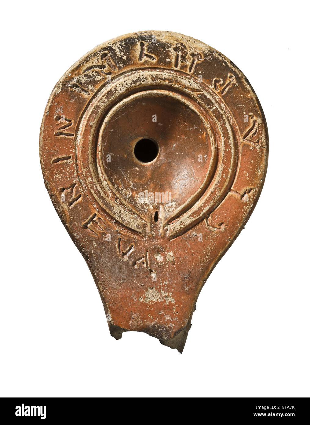 Lampe mit Aufschrift: CLAPHYRINE VA, 100, Möbel, Lampe, gefeuert, modelliert, Höhe 9,3 cm, CLAPHYRINE. VA, Keramik, römisch (753 v. Chr. - 476 Stockfoto