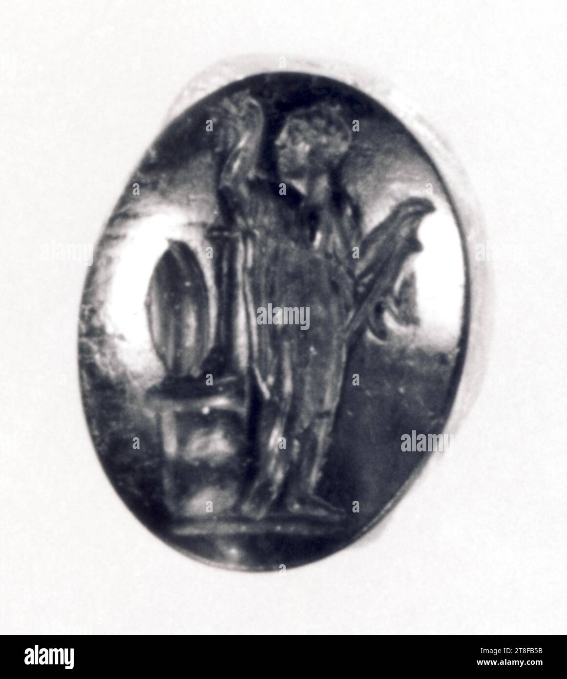 Perseus mit dem Kopf der Medusa, nicht früher als 30 v. Chr. - nicht später als 200, Siegelring, Ringstein, Höhe 1,1 cm, Breite 0,8 cm, Steinmetze, Steinschnitt, römische Zeit, Kaiserzeit (27 v. Chr. - 476) Stockfoto